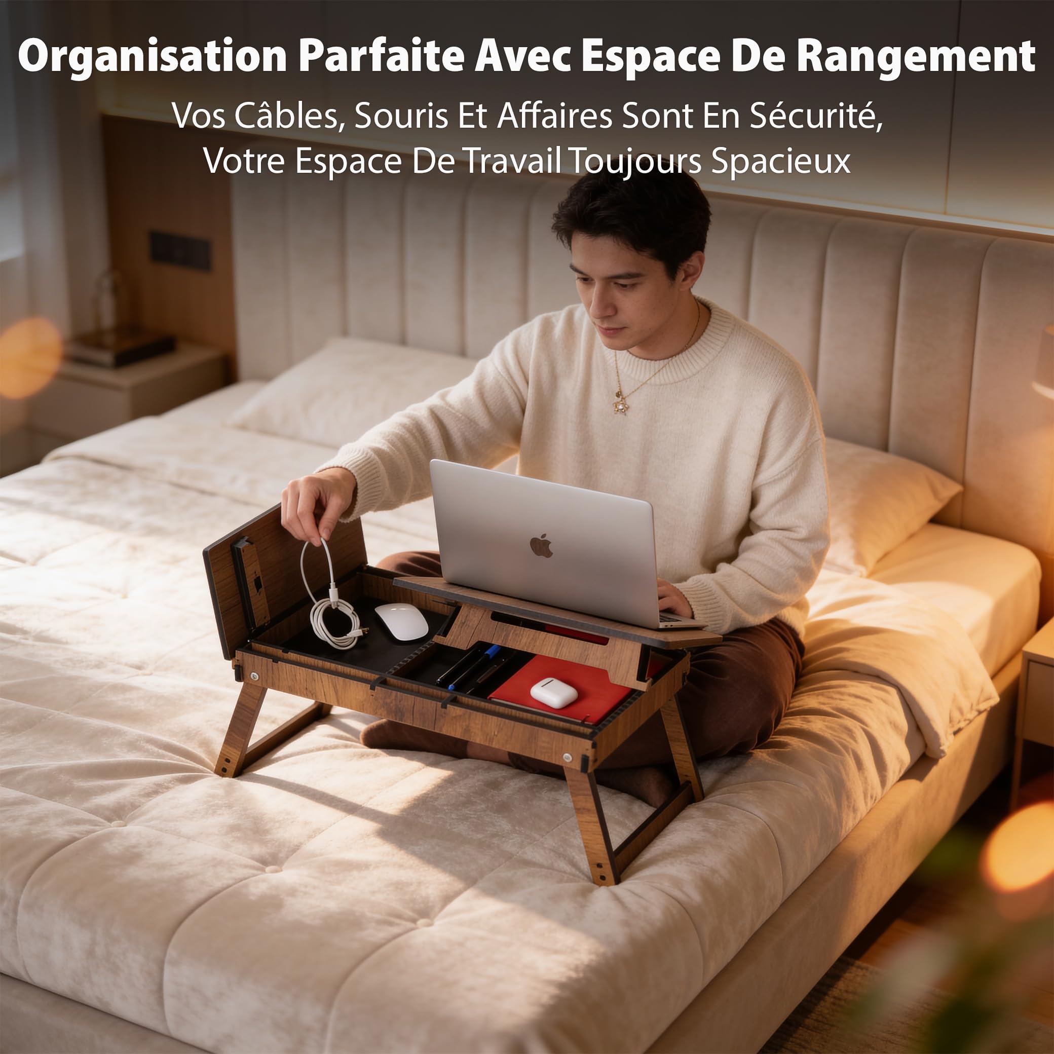 Vigo Wood Support pour Ordinateur Portable avec Inclinaison Réglable, Pieds Pliables et Espace de Rangement, Table de Lecture et Bureau de Travail (Noyer)