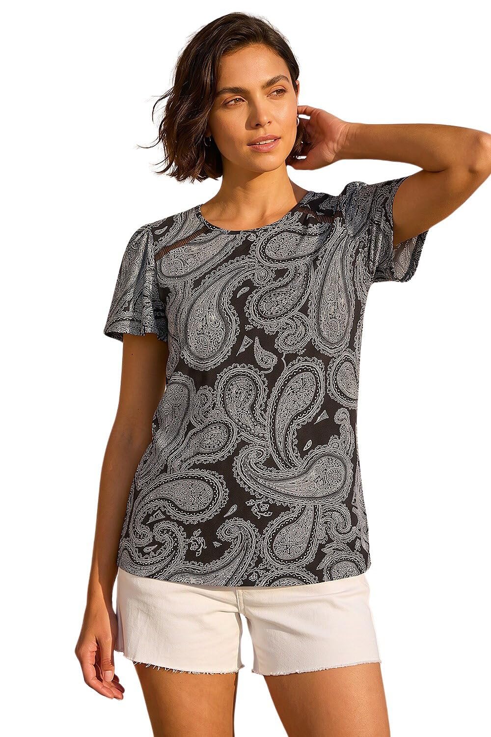 Roman Originals Women's Black Paisley Print Ladder Trim Top For Uk - Everyday Autumn Winter Round Neckline Comfy Soft Evening Vacation Work Party Night Out - Size 12
