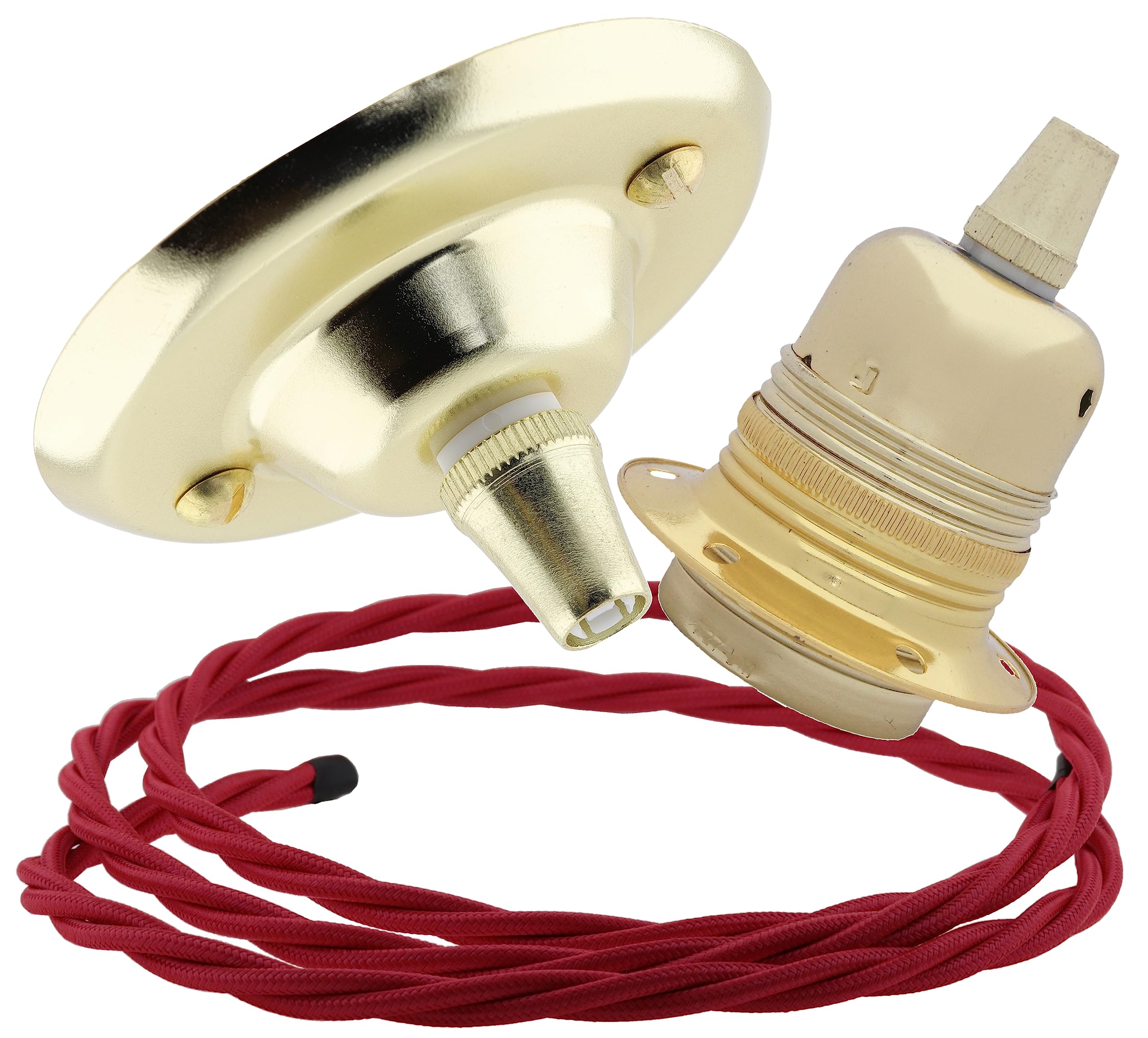 Repaireum Ltd. Vintage Styled Ceiling Pendant Kit incl. Polished Brass Effect Rose, E27 Bulb Holder and 3 Core Bright Red Braided Twisted Flex