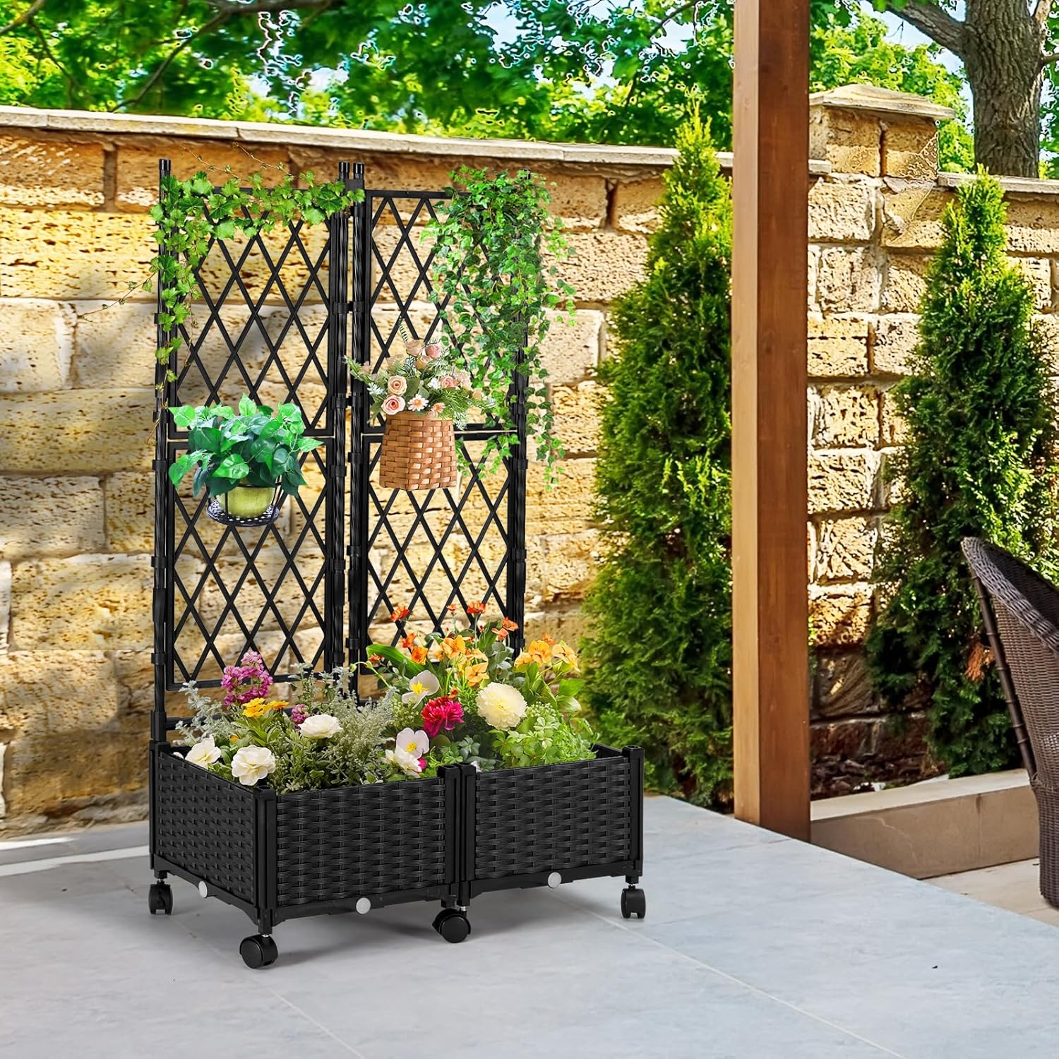 Planter Box with Trellis, 4ft Tall Self-Watering Plastic Raised Garden Beds and Lattice Trellis with Lockable Wheels & Drain Plug for Outdoor Patio Backyard Balcony, Black, 2 Pcs