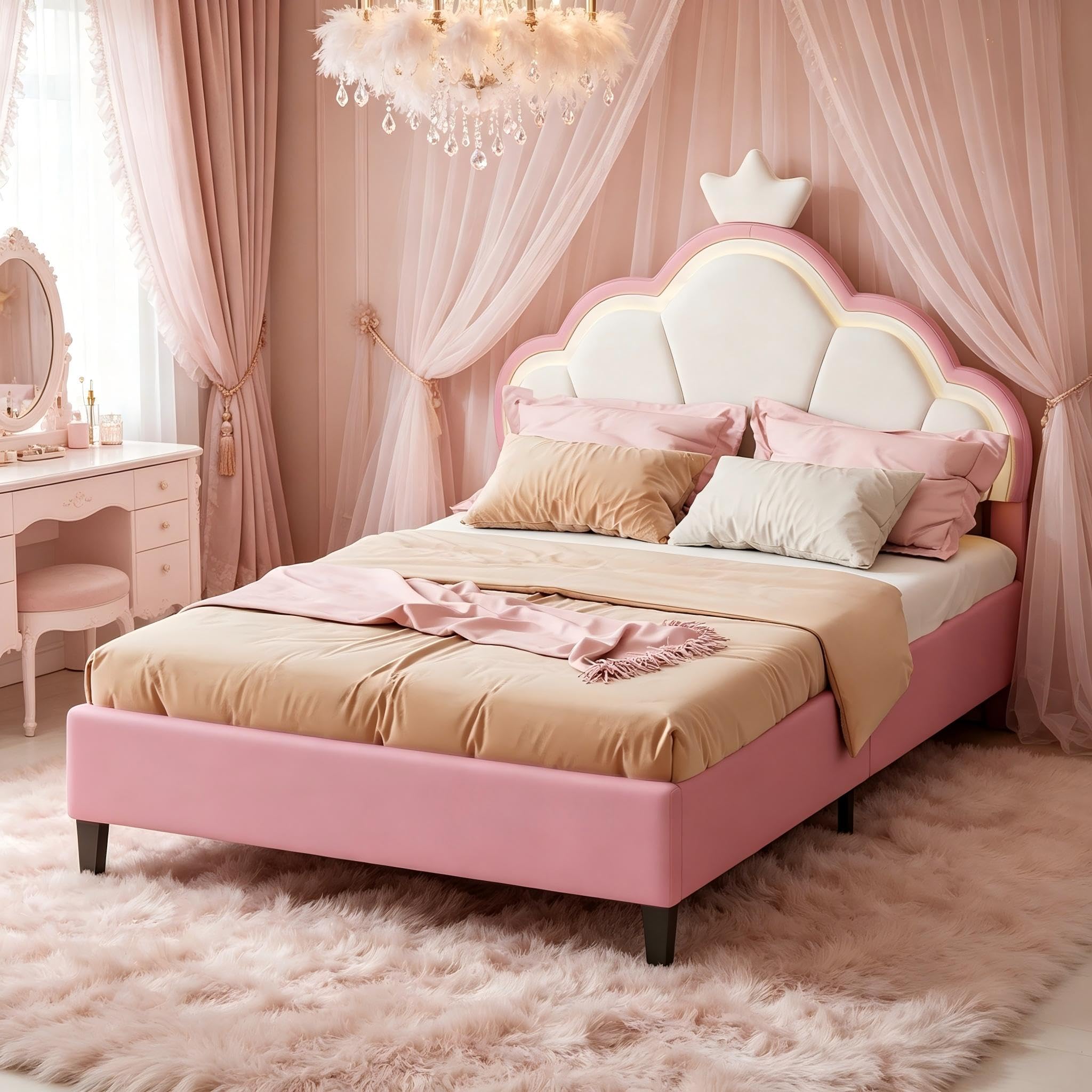 Cama infantil acolchada 90 x 200 cm, cama individual para niña con iluminación LED y somier de láminas, cabecero ajustable en forma de corona, terciopelo, rosa, sin colchón (rosa, 90 x 200 cm