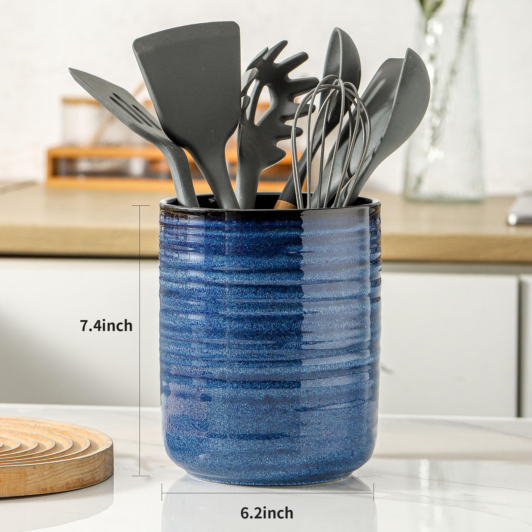 HASENSE Keramik-Küchenutensilienhalter, 18,8 x 15,7 cm, großer Utensilientopf, stabiler Kochutensilien-Organizer für Spatel, Löffel, Schneebesen und Werkzeuge, moderne blaue Küchendekoration