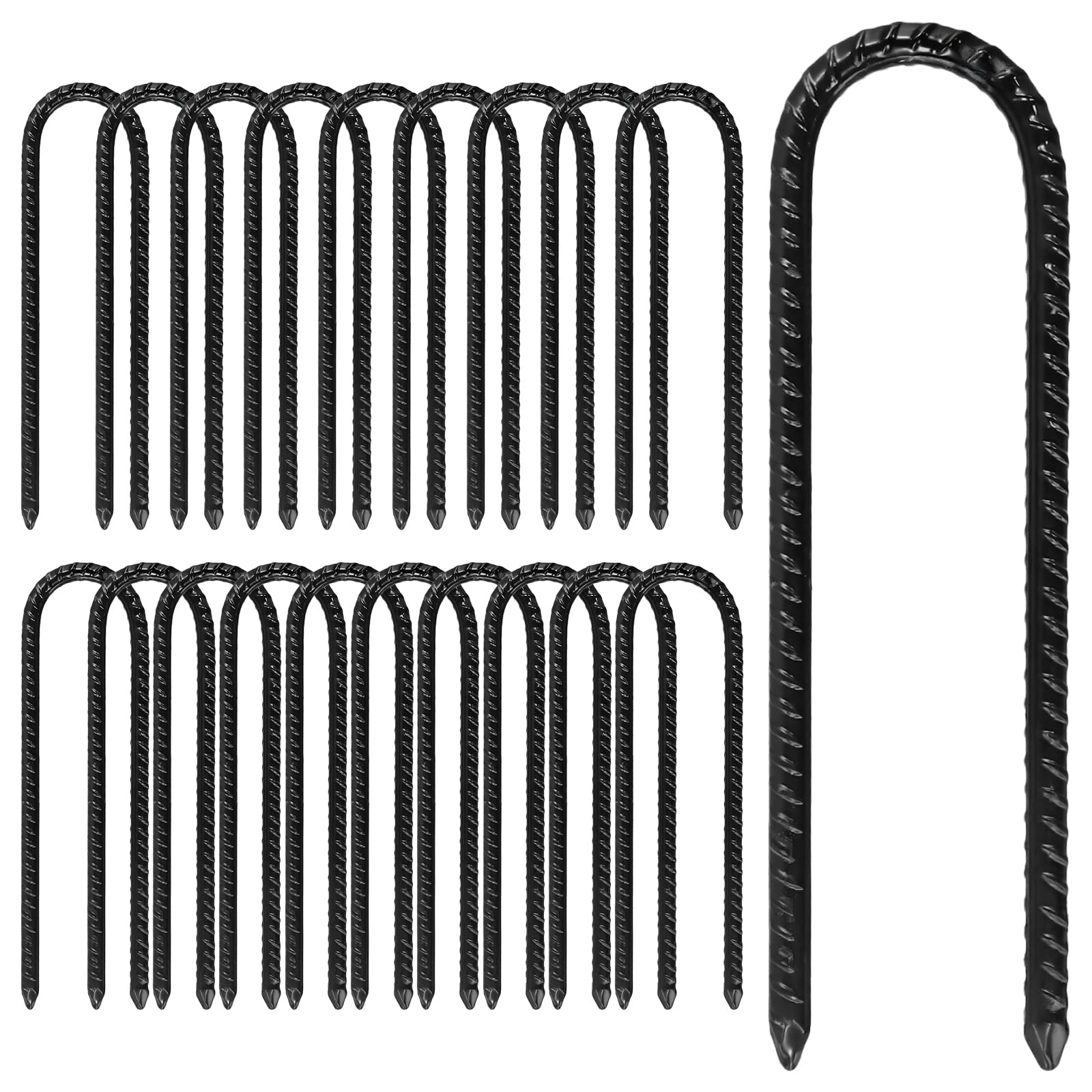 JOIKIT 20 Pcs 8 Inch Black Ground Rebar Stakes, U Shape Galvanised Tent Pegs for Camping Tents Trampoline, 20 x 0.8cm