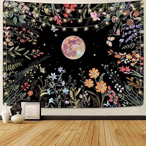 Aipon Tapiz de plantas y flores de luna, tapices botánicos florales iluminados por la luna, tapiz estético de flores silvestres para colgar en la