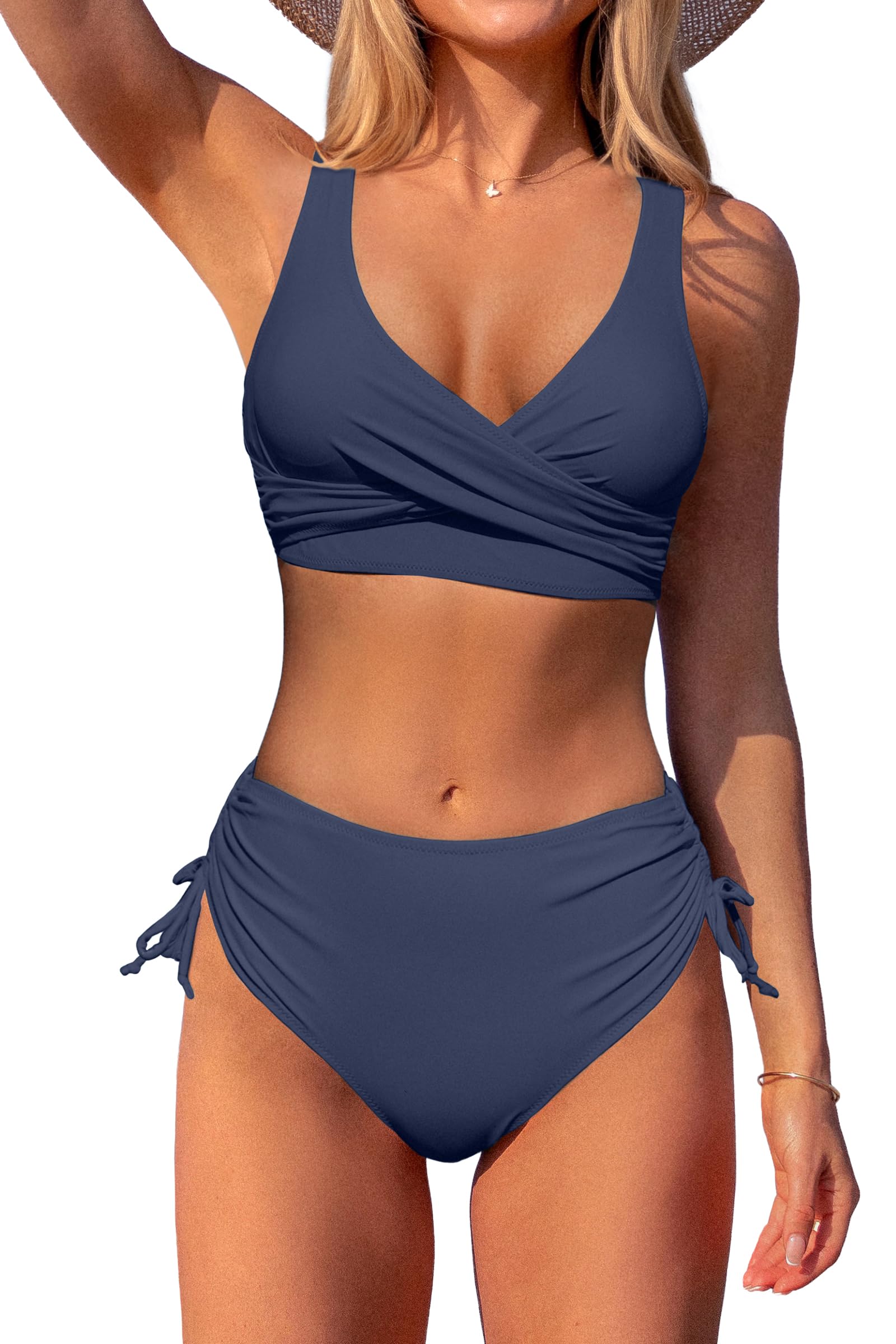 BeachsissiWomen's High Waisted Bikini Twist Front Tie Back 2 Piece Swimsuits