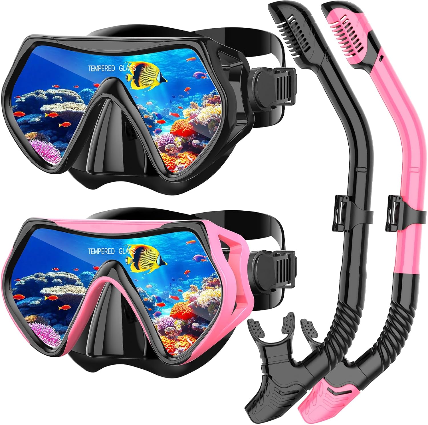 Snorkeling Gear for Adults, Snorkel Set Scuba Diving mask Dry-Top, Adult Swimming Goggles with Nose Cover, HD Tempered Glass Panoramic Anti-Leak Anti-Fog Black+Pink