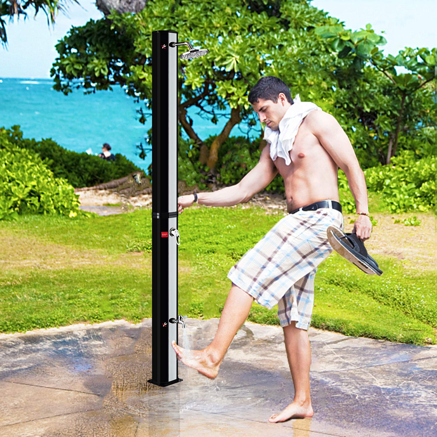 LZQ Solardusche 40 Liter Solar Gartendusche Pooldusche, Aussendusche Warmes Wasser max. 60°C mit Regenduschkopf und Wasserhahn