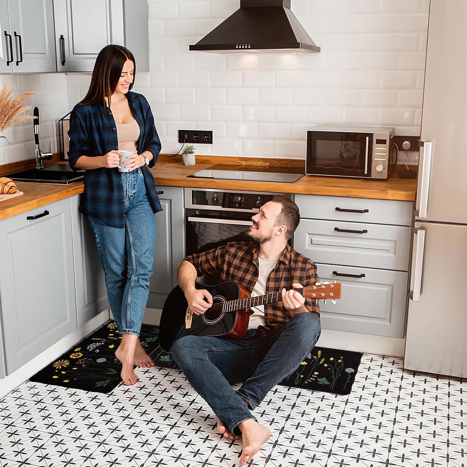 Rempry Colorful Floral Kitchen Mat for Floor, Non Slip Kitchen Rugs and Mat Set of 2, Waterproof Cushioned Anti Fatigue Kitchen Mat, 17"x47"+17"x29", Black