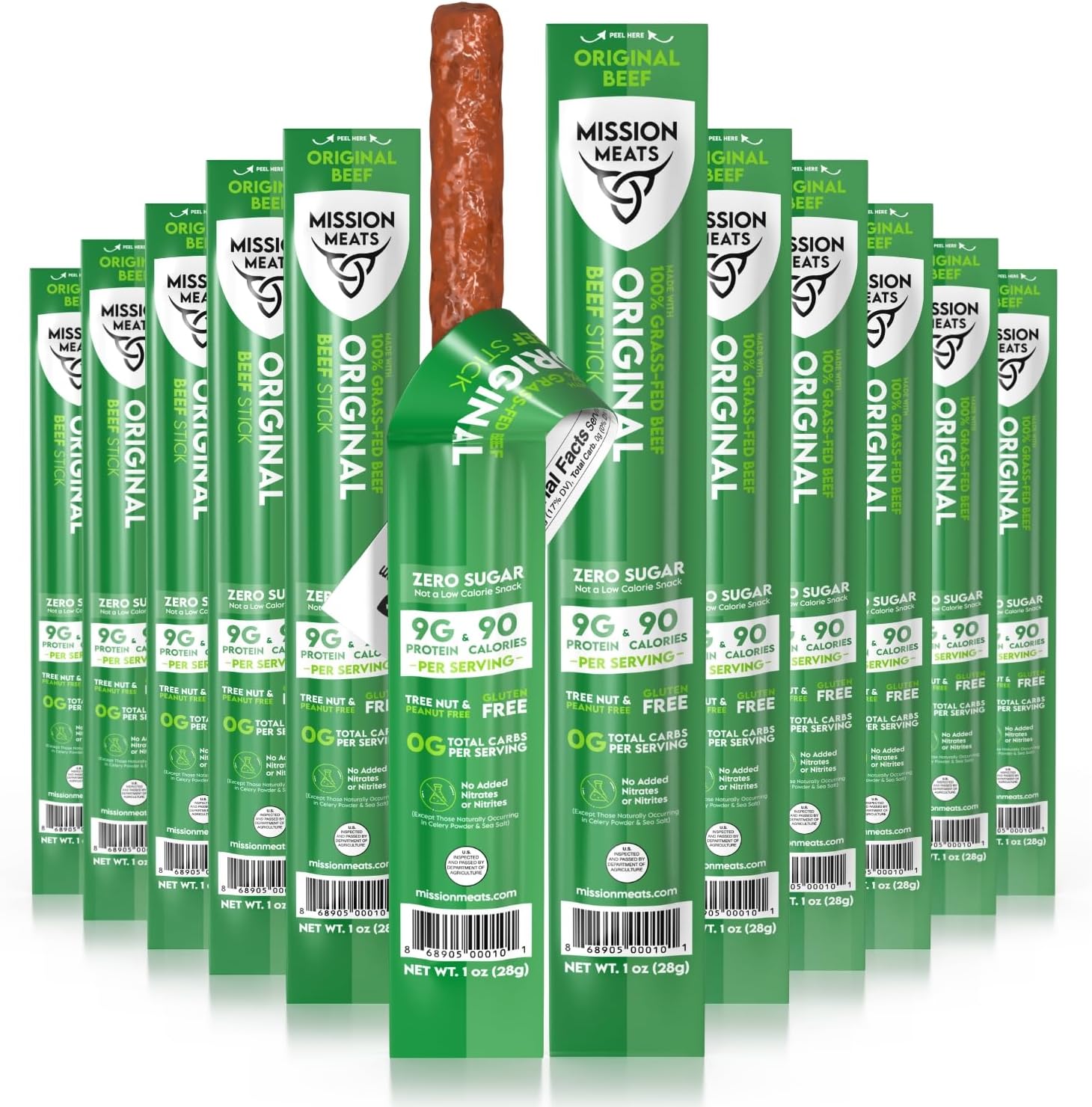 Mission Meats Beef Sticks – 100% Grass Fed Beef, Zero Sugar, Healthy Snacks, Individually Wrapped, Gluten Free, Non-GMO, Original 1oz (Pack of 12)