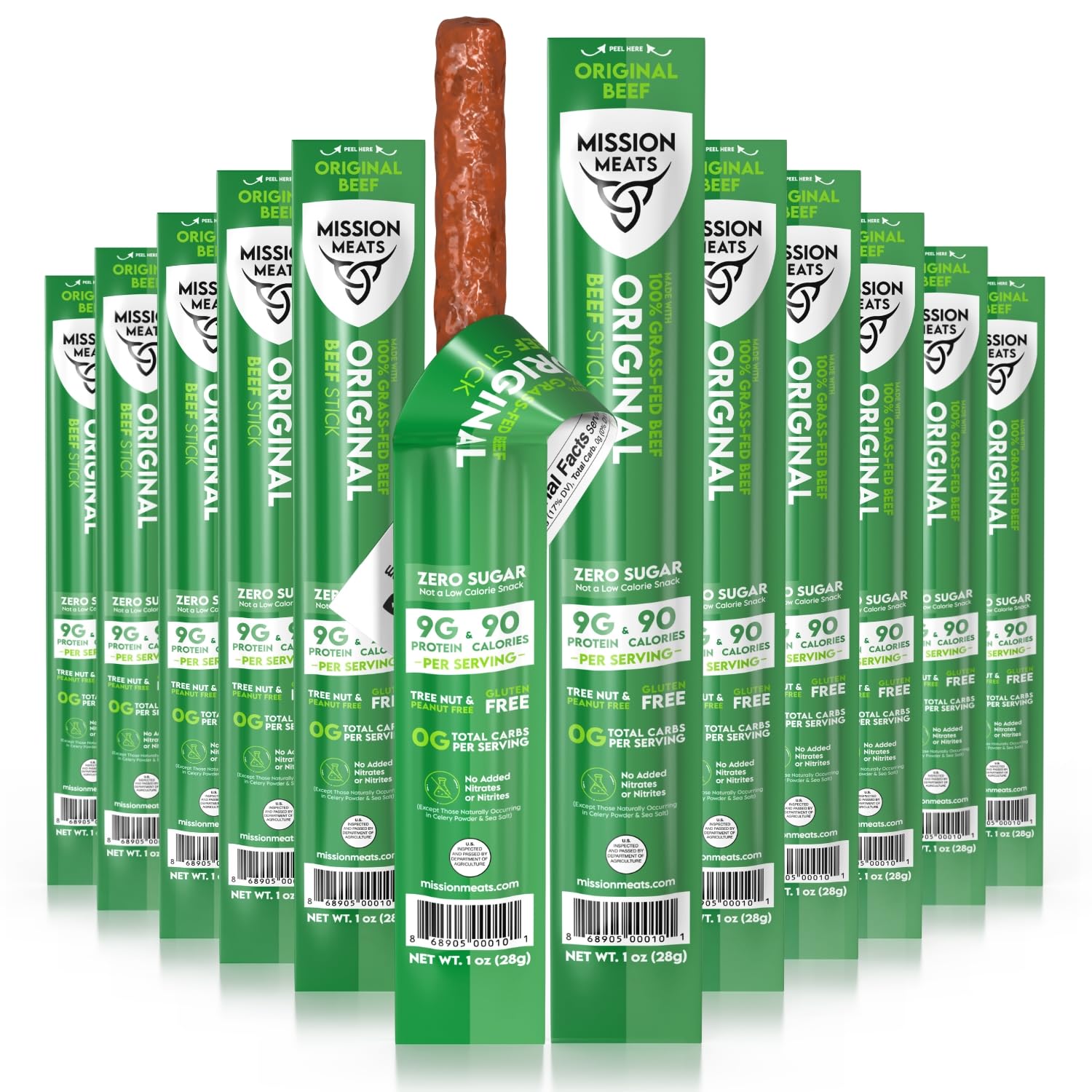 Mission Meats Beef Sticks – 100% Grass Fed & Pasture Raised, Sugar Free, Individually Wrapped Healthy Snacks, Whole 30 & Paleo Friendly, Original 1oz (Pack of 12)