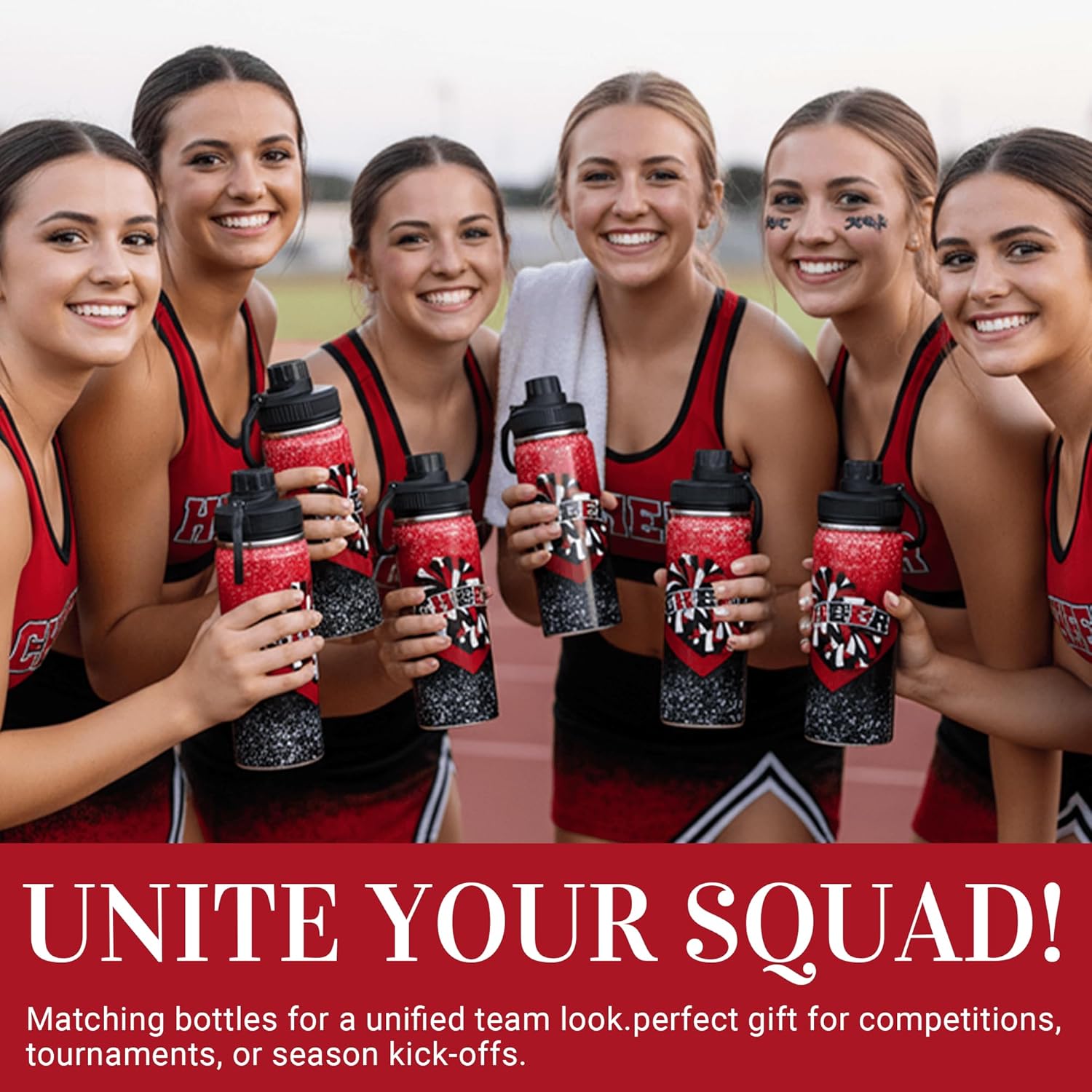 Cheer Water Bottle for Girls 18 oz, Insulated Stainless Steel Sports Bottle with Handle, Cheerleader Gift Bulk for Team Squad Gifts (Winered Black)