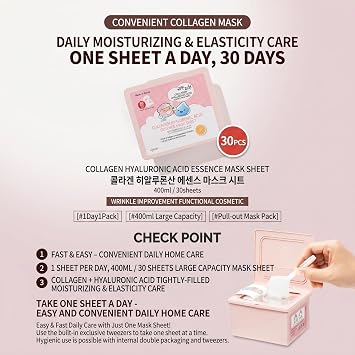 esfolio Made in Korea 30 Sheets Pure Skin Collagen Hyaluronic Acid Essence Facial Mask Hydrating Face Mask for Smooth, Firm, and Supple Skin