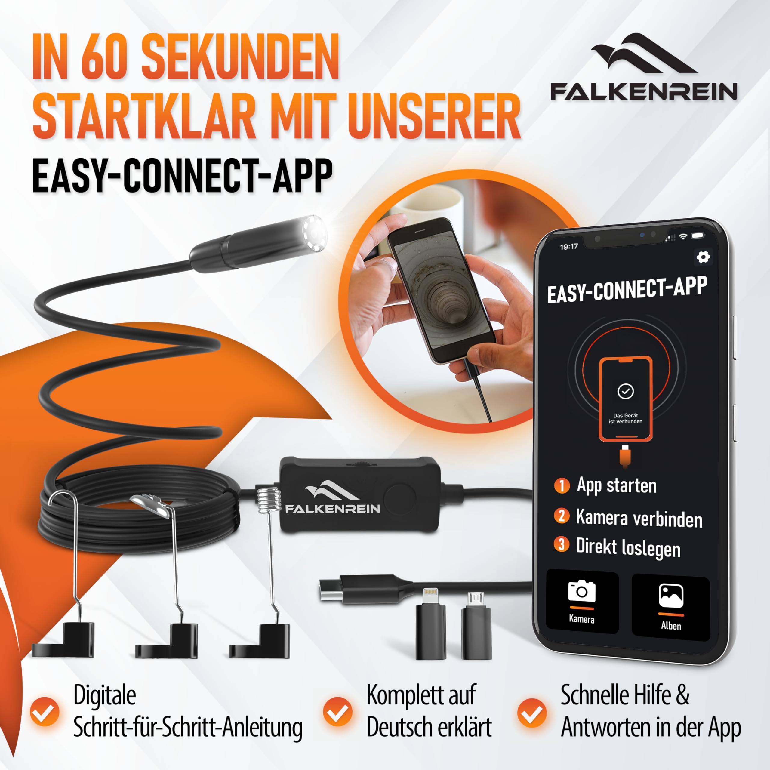 Smart Inspect Set – fotocamera endoscopio con luce e pratici accessori, compatibile con iOS e Android, fotocamera endoscopio di alta qualità per ispezioni senza sforzo di scarico, auto