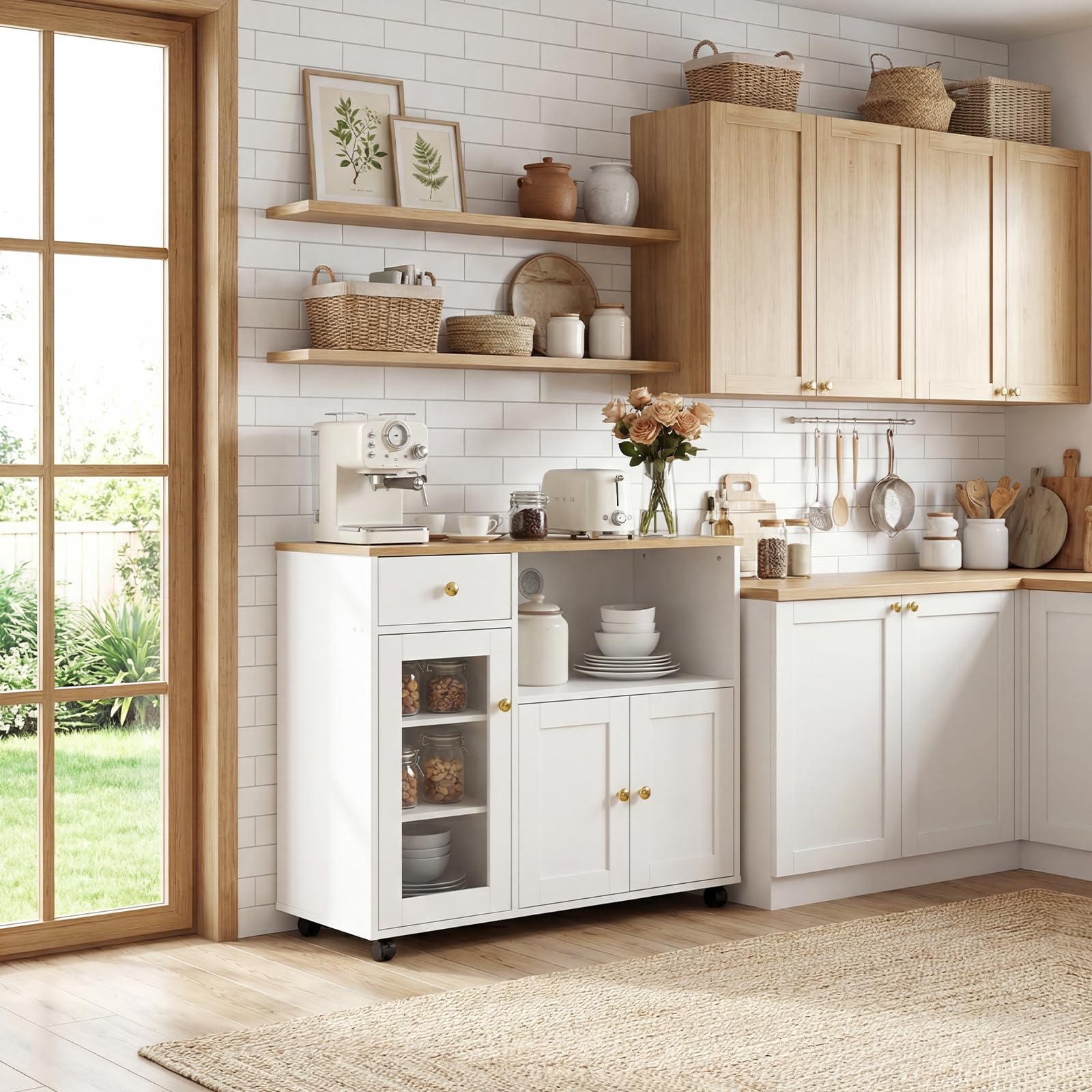 Küchenschrank mit Arbeitsplatte, Buffetschrank, Sideboard Küche mit Mikrowellenregal, Verstellbare Ablagen, für Küche, Esszimmer, Wohnzimmer, Weiß, 90 x 40 x 81.5 cm