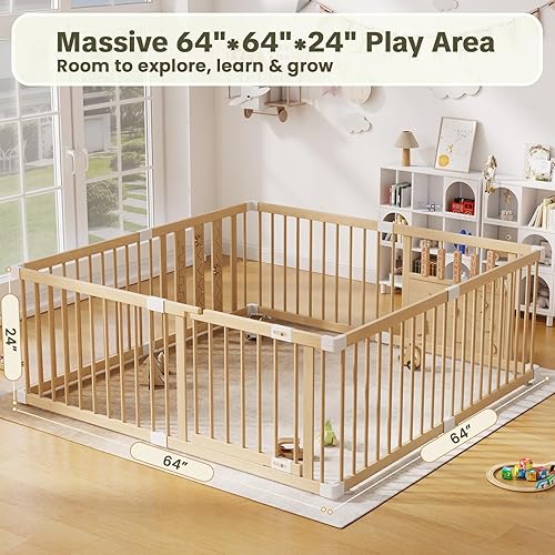 Miniatura 2 de Corralito de madera para bebés con bloqueo de seguridad para niños, patio de juegos extra grande para bebés y niños pequeños, centro de actividades