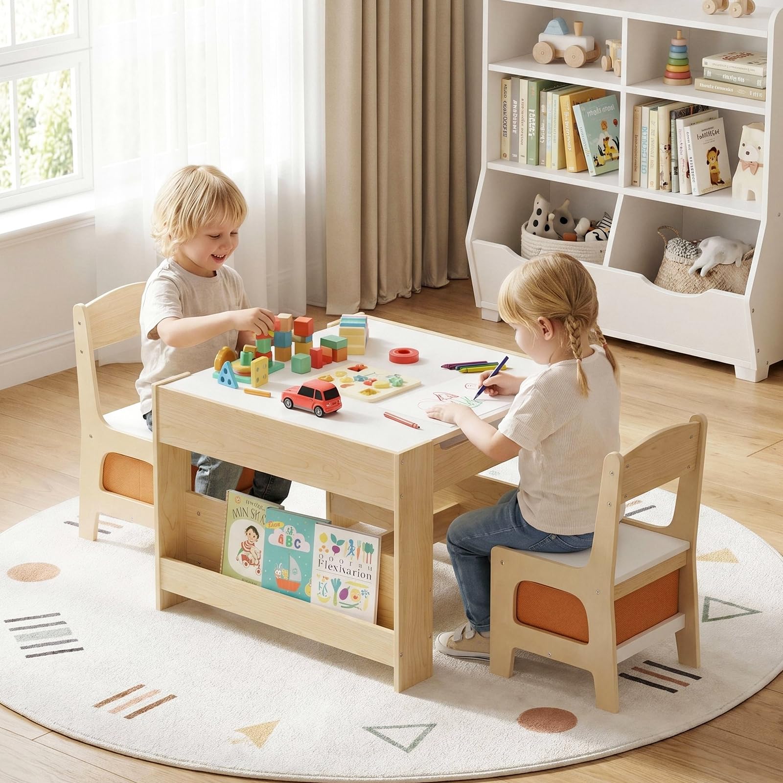 MAMIZO Kindertisch mit 2 PCS Stühlen, 3 in 1 Kinder Tisch Stuhl Set, Kindermöbel Set aus Holz mit Stauraum & Bücherregalen, Spieltisch & Aktivitätstisch, Maltisch, von 3-7 Jahren, Holzfarbe