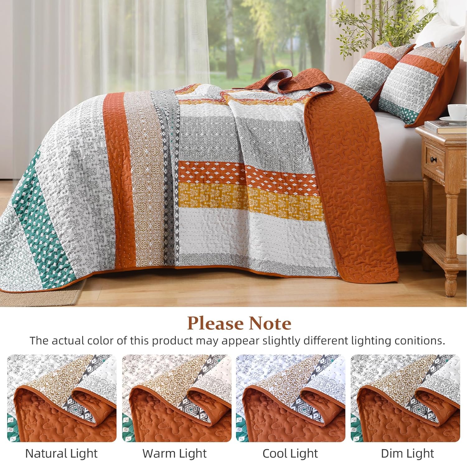 WONGS BEDDING Orange Quilt King Size, Bohemian Stripe Quilt Sets 3 Pieces Boho Quilted Bedspread Set Lightweight Microfiber Coverlet Bedding Set All Season (104"x90") - Image 5