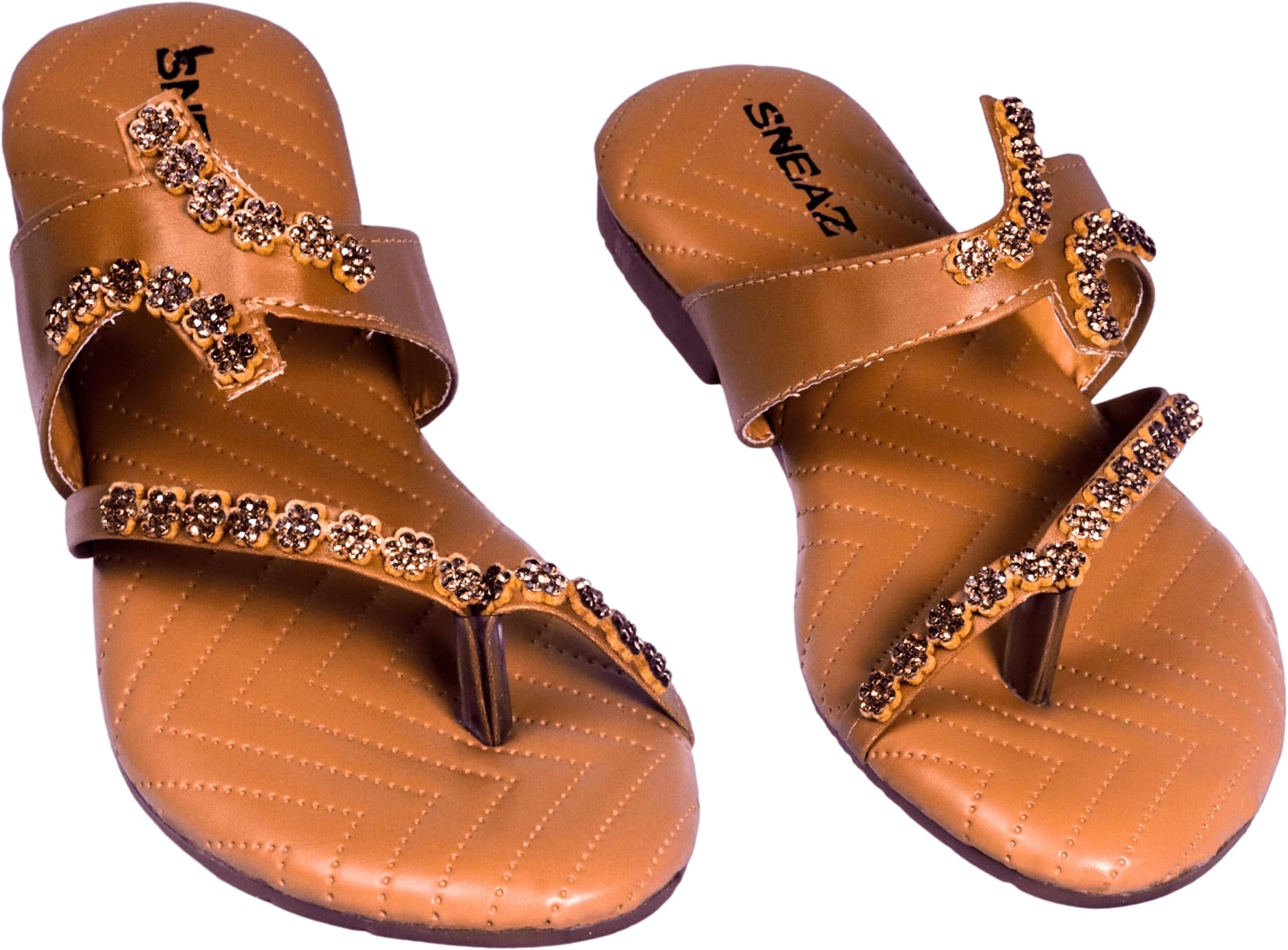 SNEAZ Comfortable Women Flats Sandals with Crystals and Rhinestones, Casual Daily Use Soft Ladies Footwear (A1T-2480) (Peach, 8)