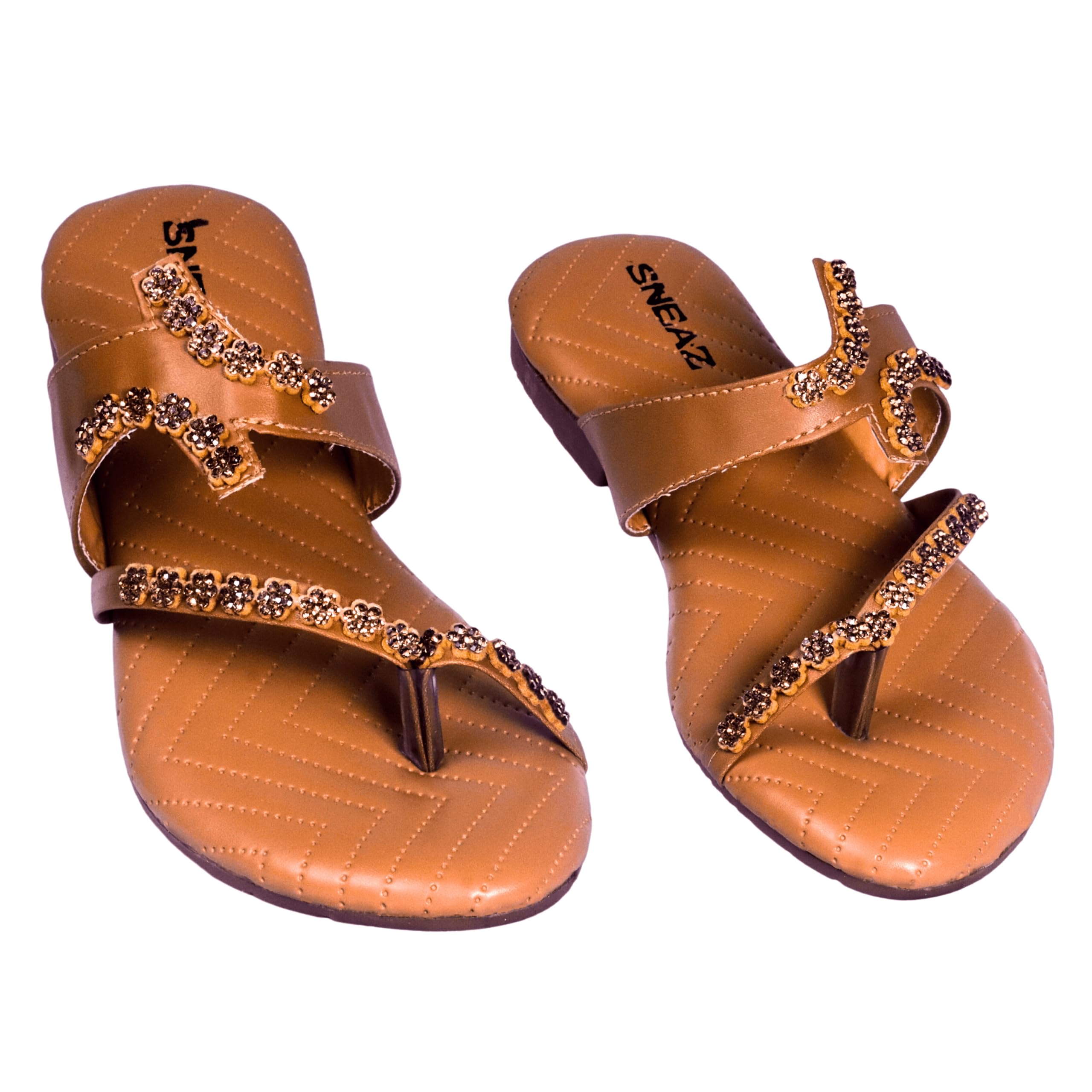 SNEAZ Comfortable Women Flats Sandals with Crystals and Rhinestones, Casual Daily Use Soft Ladies Footwear (A1T-2480) (Peach, 8)