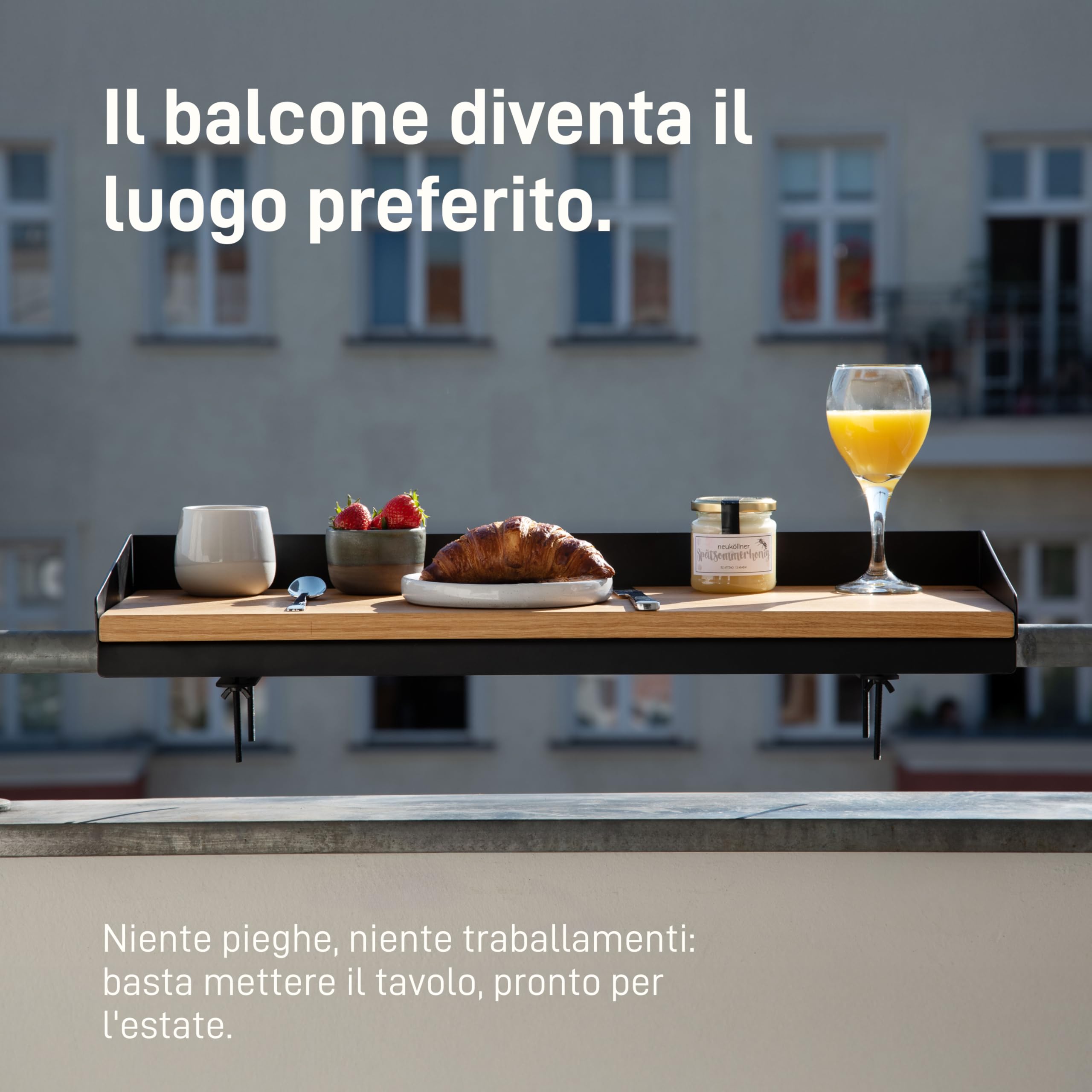 Natural Goods Berlin 1 tavolo da balcone – piccolo tavolo in metallo nero 70 cm – mobili per balcone sottile fioriera ringhiera