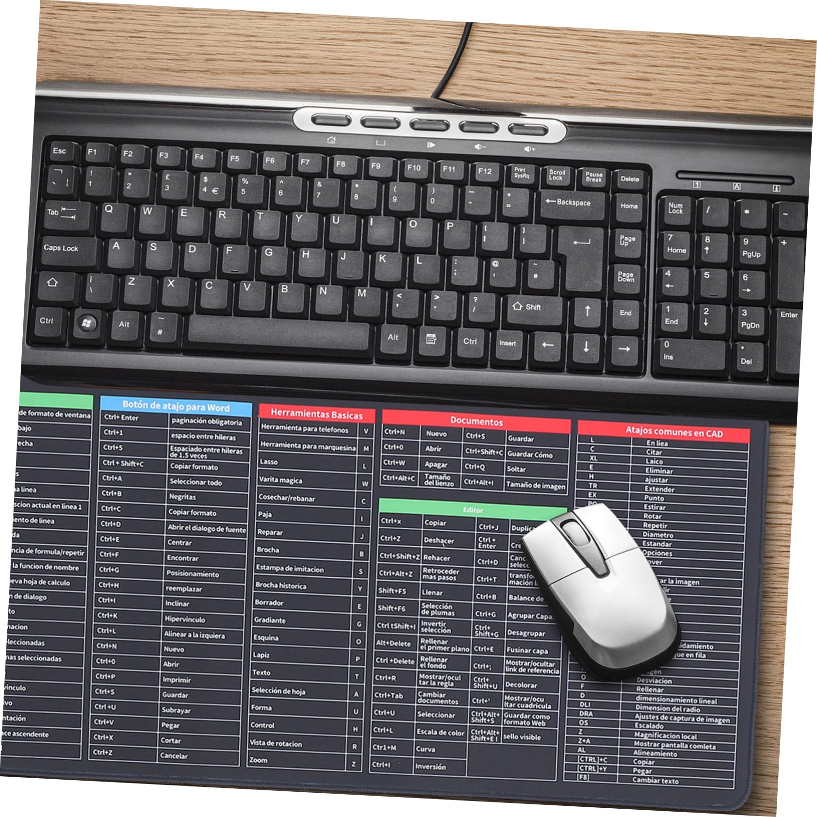 Veemoon Tappetino Tastiera Mouse Scorciatoie Excel in Spagnolo, Spessore 3mm, Antiscivolo, 300x800mm, Adatto a Ufficio e Viaggi