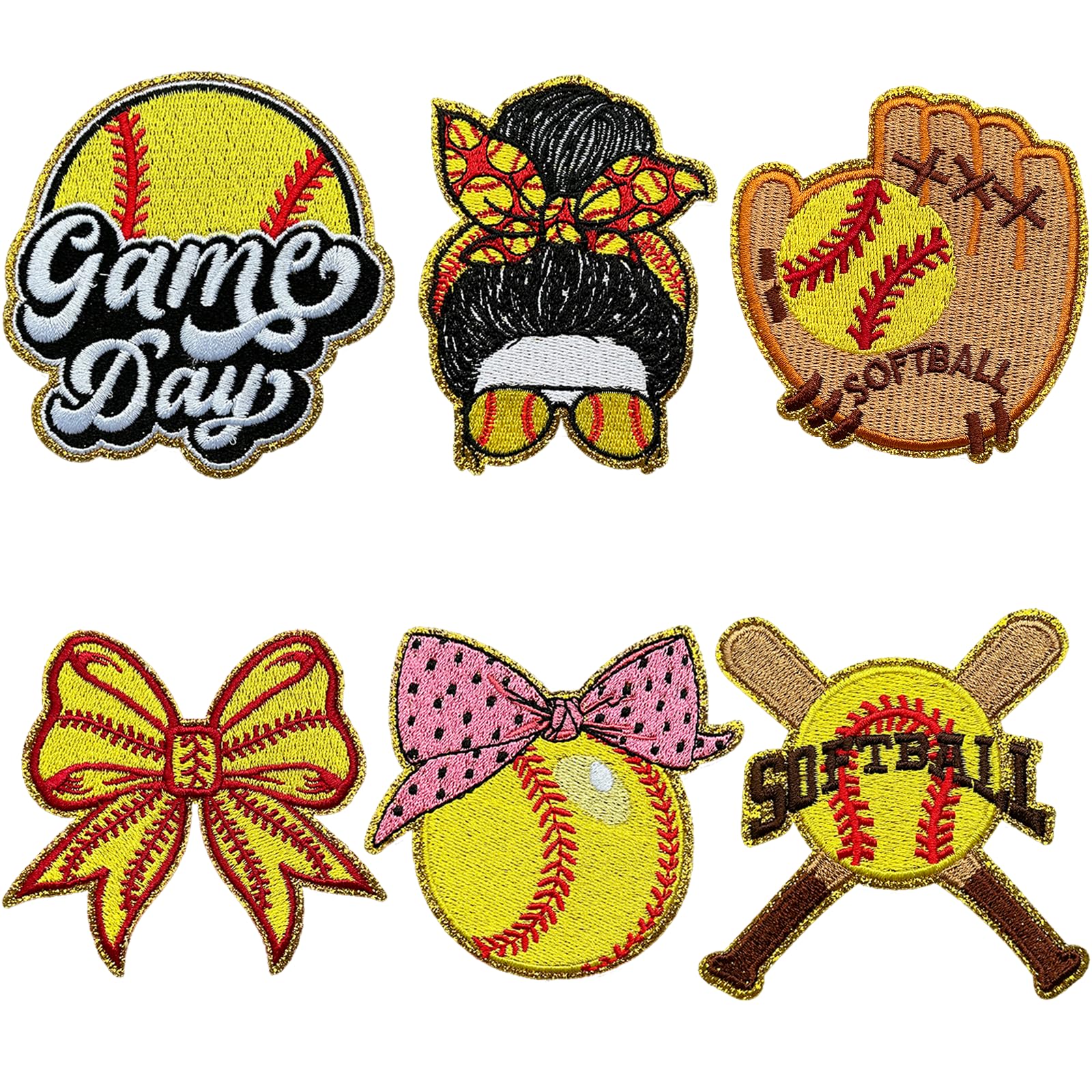 Photo 1 of 6PCS Softball Iron on Patches, Yellow Game Day Iron on Patches, Softball Mom Bow Sew on Embroidered Applique for DIY Hat Jacket Backpack Clothing Bag Decor