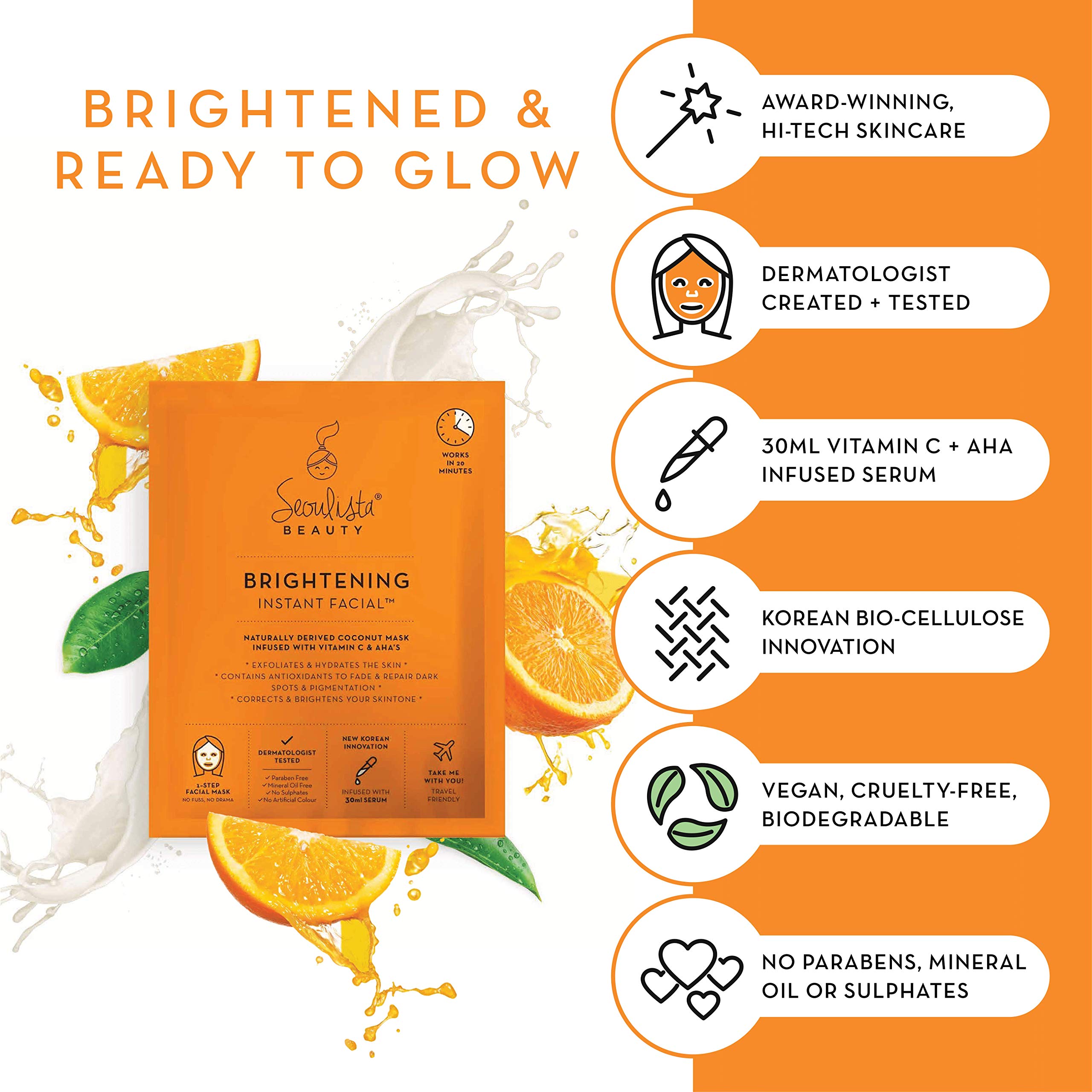 Seoulista Beauty Brightening Instant Facial 30ml | Treatment Face Sheet Mask for Dry Skin Dark Spots and Pigmentation | Dermatologist Created Korean Skin Care | Infused with Vitamin C & AHAs - Image 3