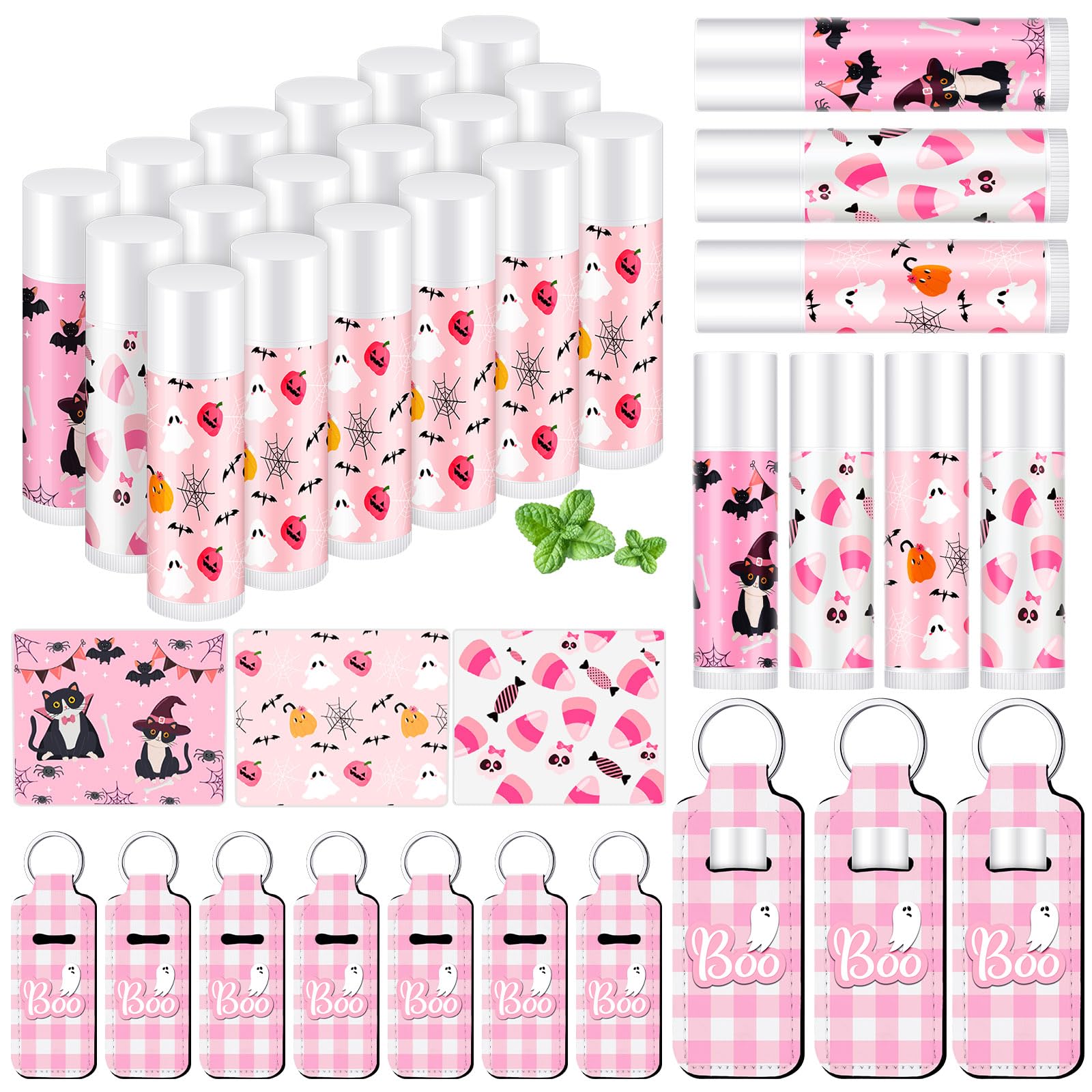 18 juegos de bálsamo labial natural a granel y soporte hidratante para lápiz labial, regalo para equipo, adolescentes, niñas, niños, suministros de fiesta deportiva (rosa Halloween)
