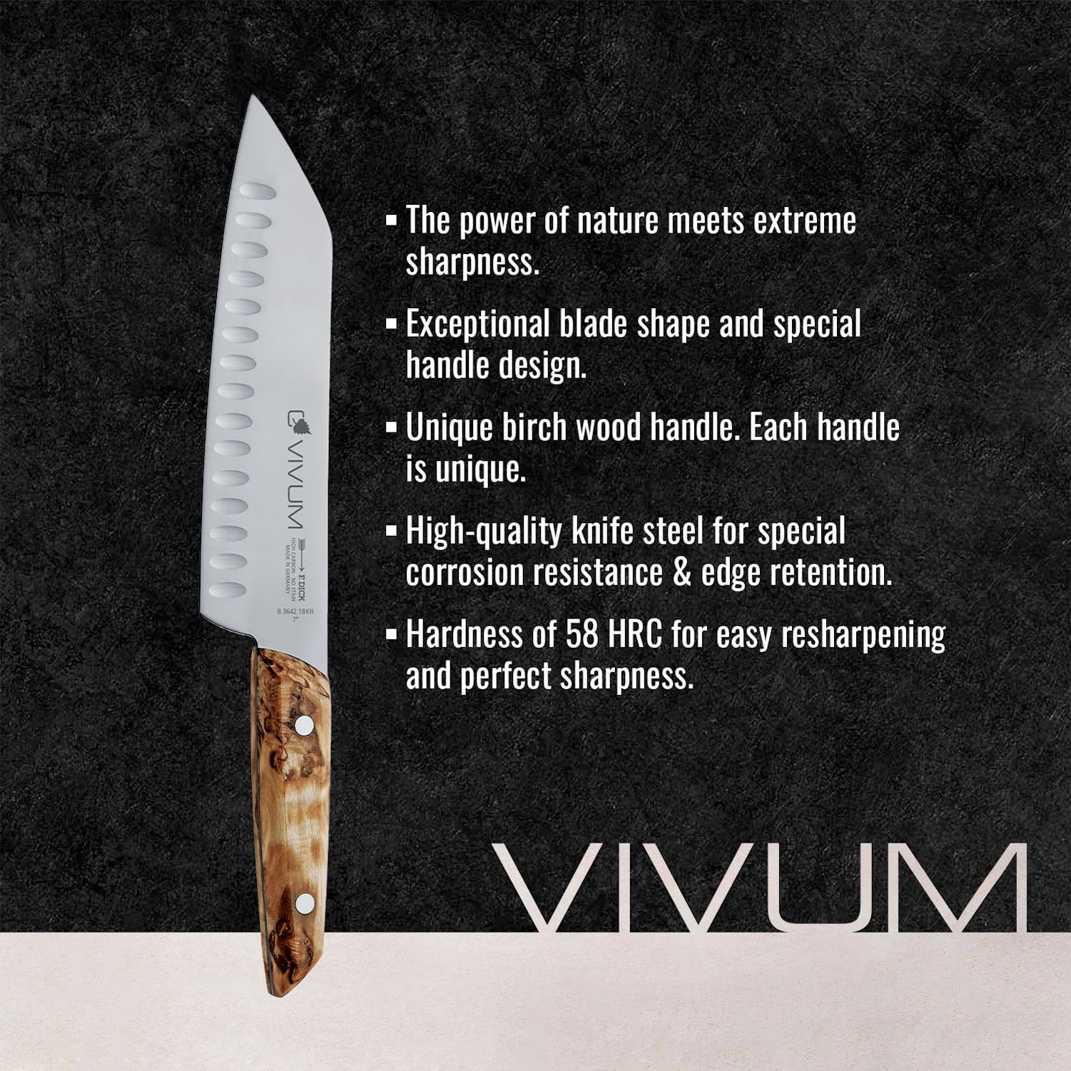 F.DICK Santoku VIVUM (con hoja de 18 cm, con filo biselado y mango de madera de abedul, 58 HRC, hoja delgada, cuchillo de cocina) 83642182KH