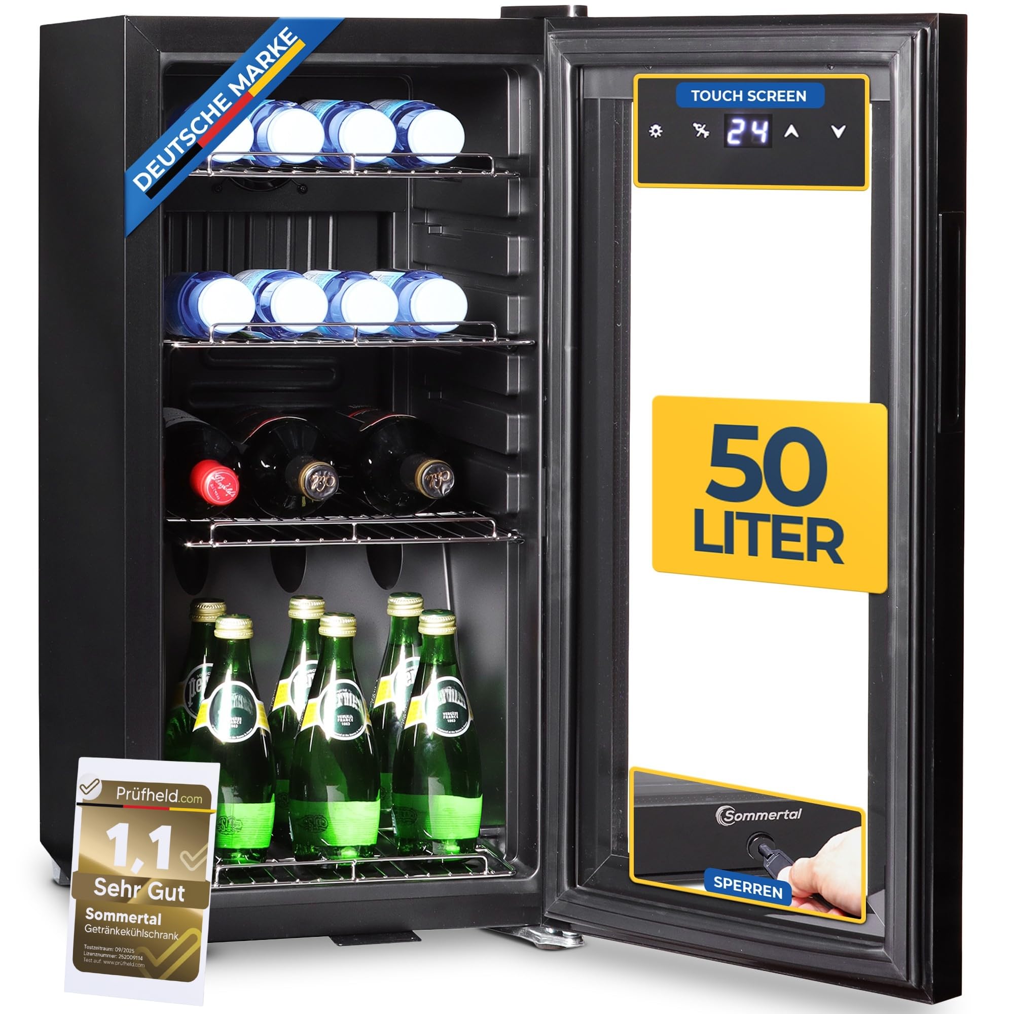 Sommertal Getränkekühlschrank 50L – Mini Kühlschrank schwarz mit Glastür, Touchscreen & LED | Kleiner Flaschenkühlschrank abschließbar & leise für Büro, Zuhause, Bar, Kellerbar & Minibar