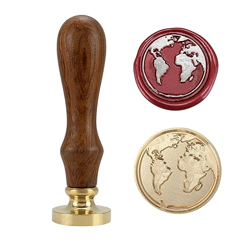 Yoption Earth Map - Sello de cera con cabeza de latón vintage con mango de madera, sello de cera para invitaciones de boda, sobres, regalos,