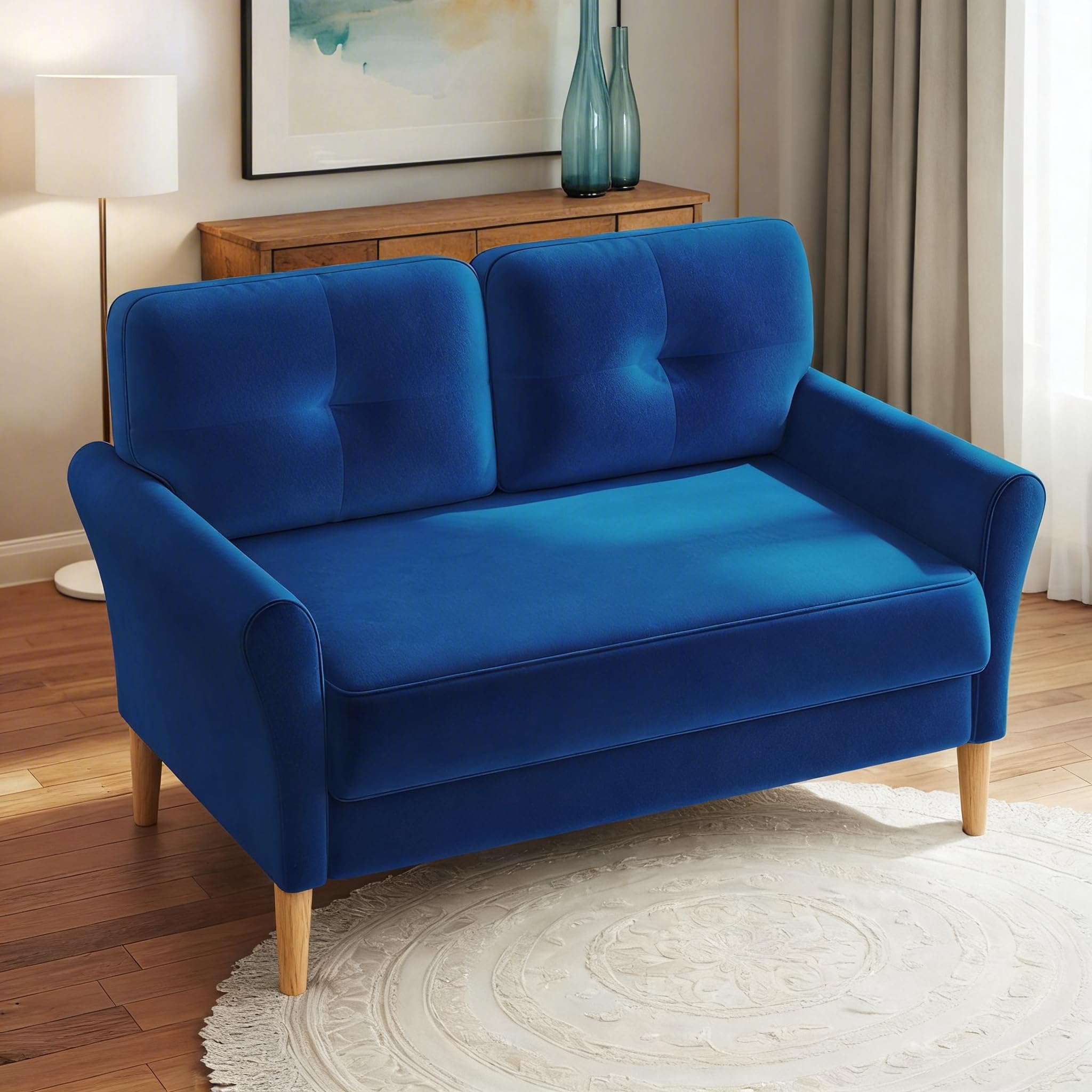 Domusensus 2 Seater Sofa, 123CM Modern Small Sofas, Comfy Couch with Spring Cushion, Velvet Two Seater Sofa With Wood Legs, Love Seat for Living Room, Small Couch for Bedroom, Blue