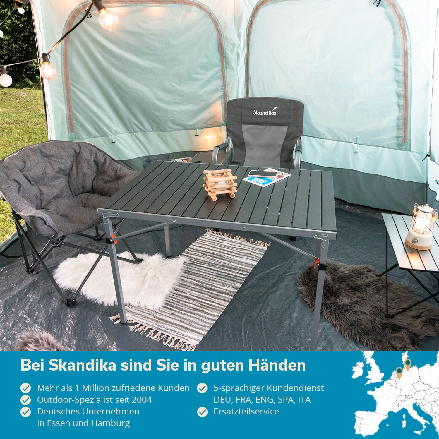 Skandika Aluminium Klapptisch Maikku | Alu Campingtisch für 6 Personen, 80 kg Traglast, 107 x 70 x 70 cm, wasserfest, klappbar, leicht, einrollbare Tischplatte | Falttisch für Garten, Angeln (Grau)