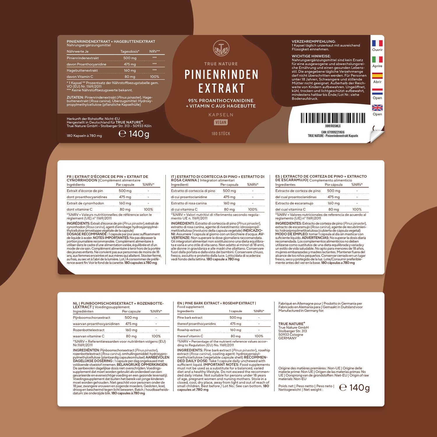 Pinienrindenextrakt Kapsel hochdosiert - 660mg für 180 Tage - Kiefernrindenextrakt mit Proanthocyanidien + natürliches Vitamin C - Premium: Französische Seekiefer - Ohne Zusätze - TRUE NATURE
