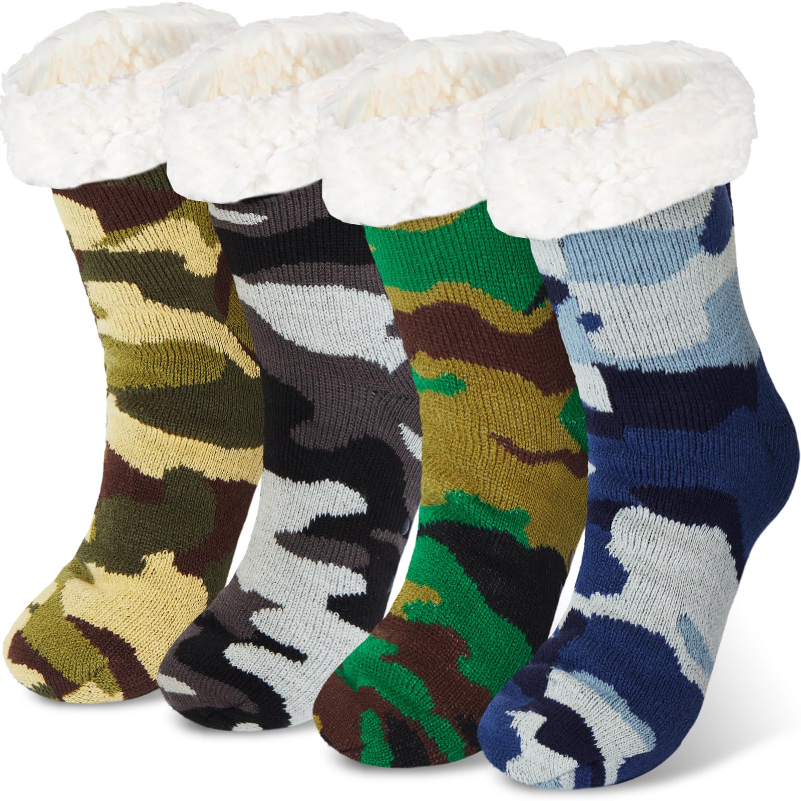 Berlune 4 Paar flauschige Herren-Socken mit Greifern, für den Winter, rutschfest, warm, mit Fleece gefüttert, dick, gemütlich, Camouflage-Socken für Herren, Zubehör, Geschenke für Weihnachten
