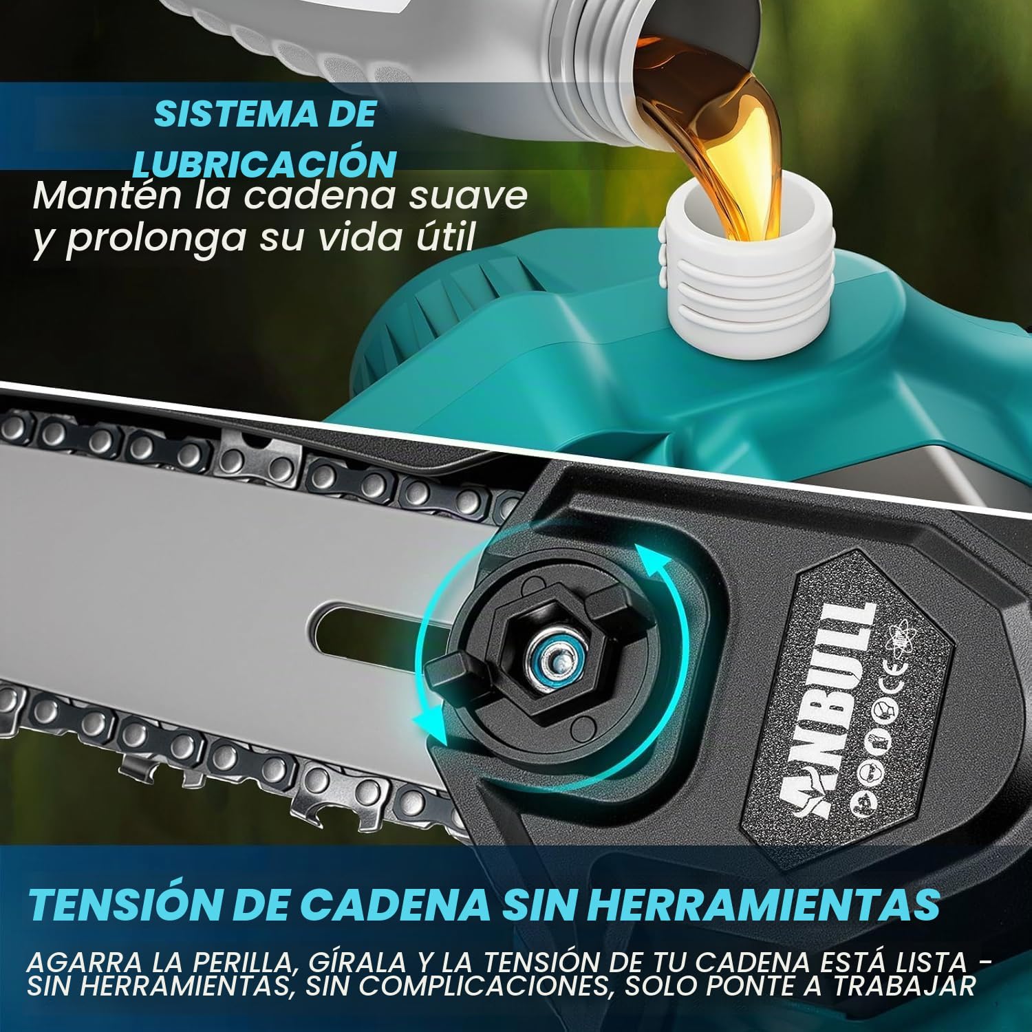 Anbull 2-en-1 Motosierra Bateria con Pértiga6" con Alcance 4.8m | 2 Baterías 4000mAh, Motor Brushless, Compatible con Baterías Makita 18V - para Jardinería