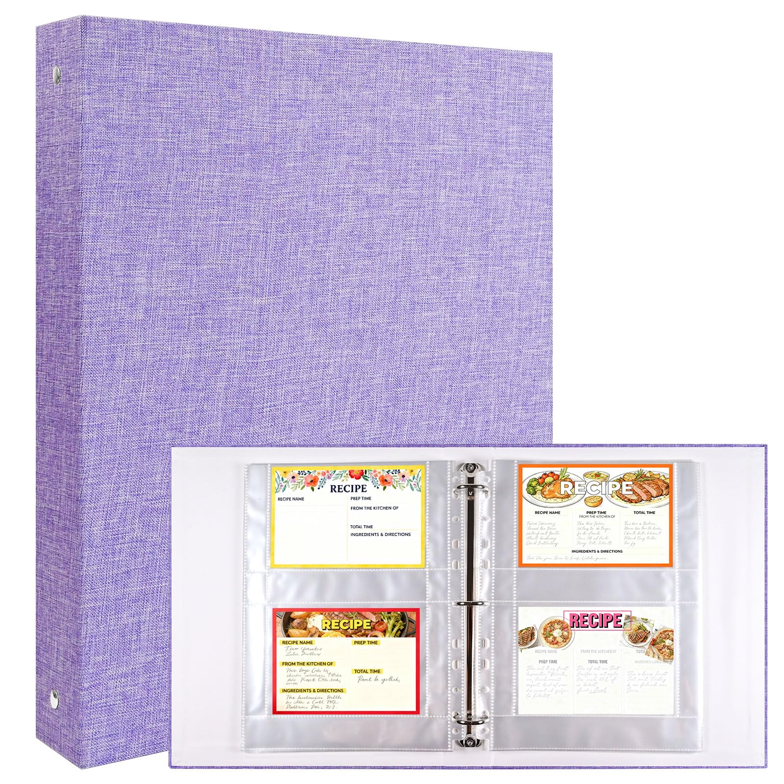 A4 3 Ring Binder Recipe Card Holder Book with 30 Pack 4x6 Inch Recipe Card Protector Pages, Linen Hardcover Organization Book for Recipe Cards，120 Top