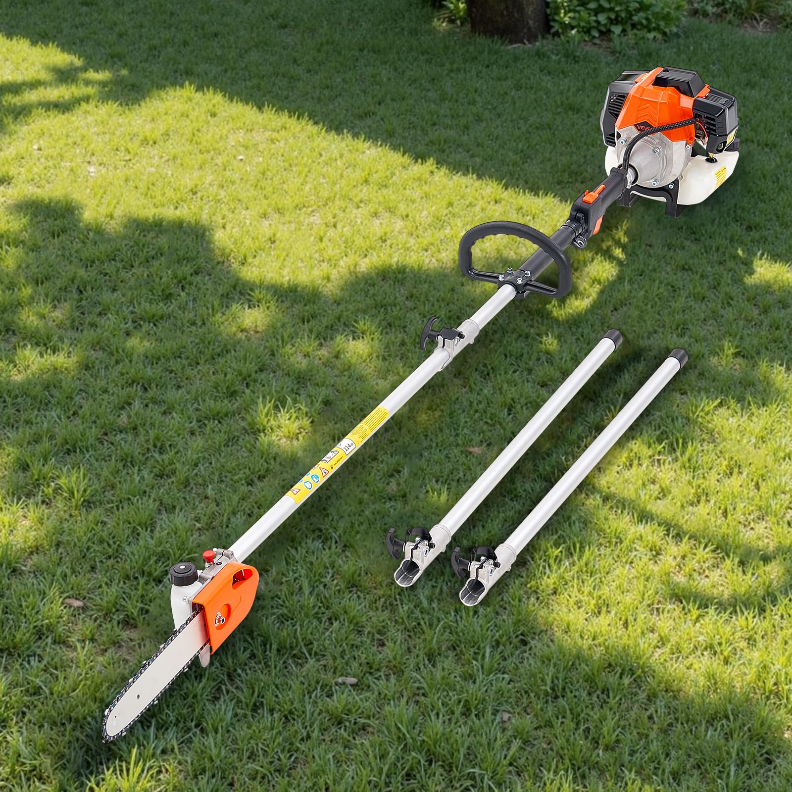 VEVOR Motosierra de Pértiga a Gasolina, Motosierra Inalámbrica de 43 cc y 2 Tiempos con Barra de Corte de 25,4 cm, Cabezal Giratorio, y Extensible de 2,11 a 3,61 m para Podar Árboles, Naranja