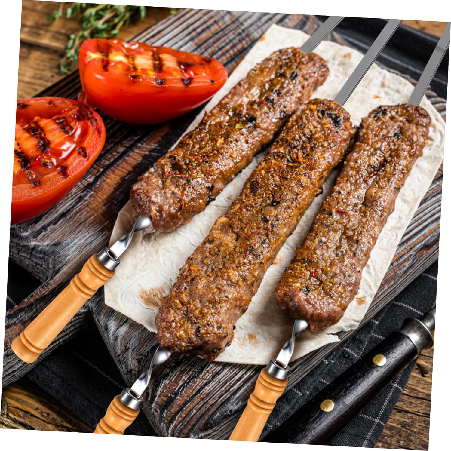 BESPORTBLE 18pcs Bbq Skewers Stainless Steel Bbq Sticks Wooden Handle Flat Design for Meat Shrimp Chicken Vegetable