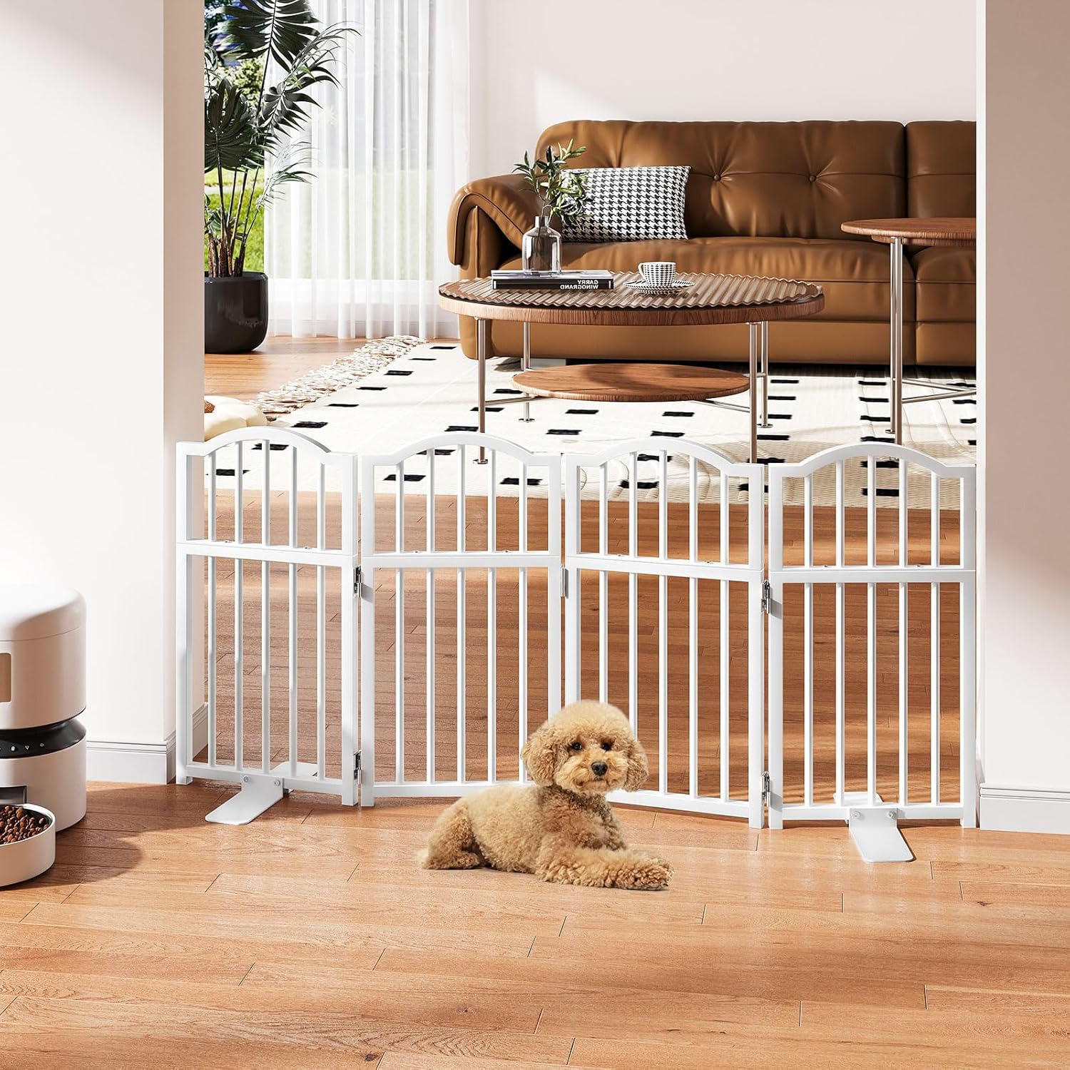 Snughome Dog Gate Indoor, 23.62" H Freestanding Dog Door Gates with Support Feet, Expands Up to 48’’ Wide Foldable Pet Gates for Doorways Hallways, 4 Panel Folding Pet Door Pet Fence for Puppy, White
