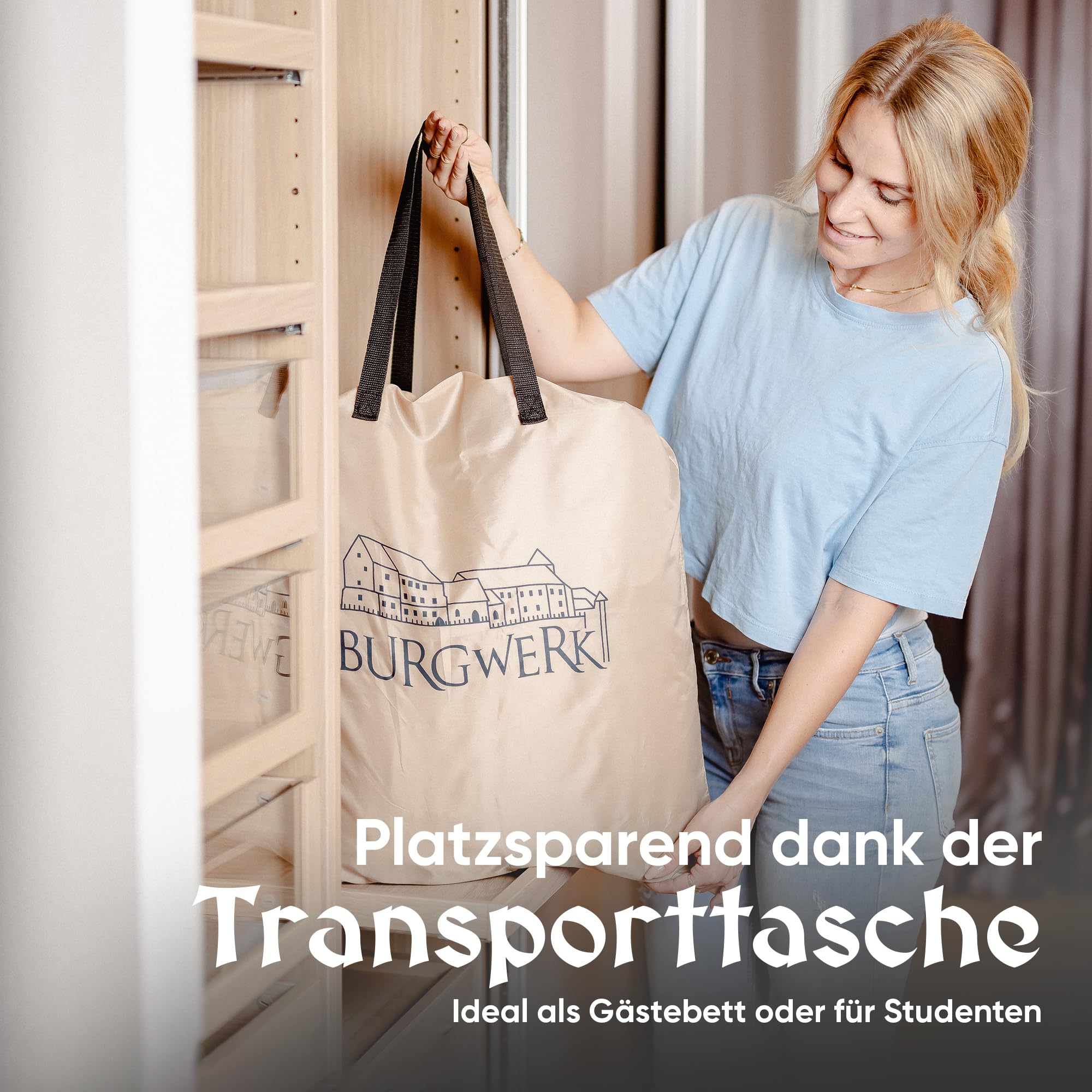 Burgwerk Luftbett für 2 Personen | Edles Gästebett & Campingbett | Aufblasbare Matratze mit Elektropumpe 150x200 | Selbstaufblasende Luftmatratze