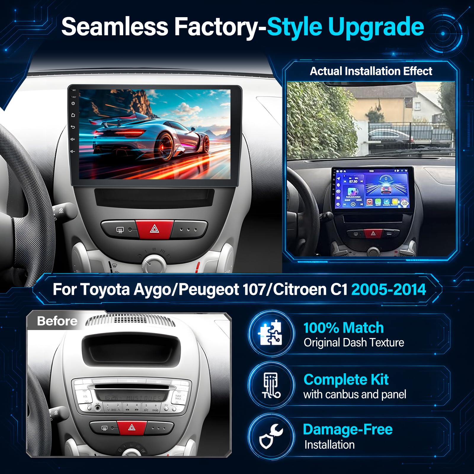 Android Stereo Auto per Toyota Aygo/Peugeot 107/Citroen C1 2005-2014, 2GB+64GB Autoradio 10,1 Pollici con Mascherina e Canbus, Supporta CarPlay Android Auto Wireless, Telecamera Retromarcia, SWC