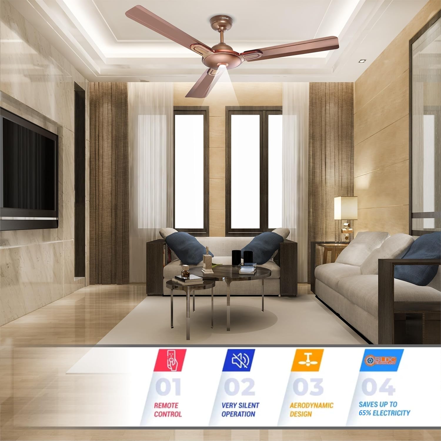 ACTIVA Energia Premium 1200mm Noiseless Ceiling Fan, 3 Blade, 380 RPM BLDC 28W Motor, LED Light, 5 Star Rated, Energy Saving, Remote Control Fan,Reversible Mode & Timer,5 Years Warranty (Rose Wood) 14