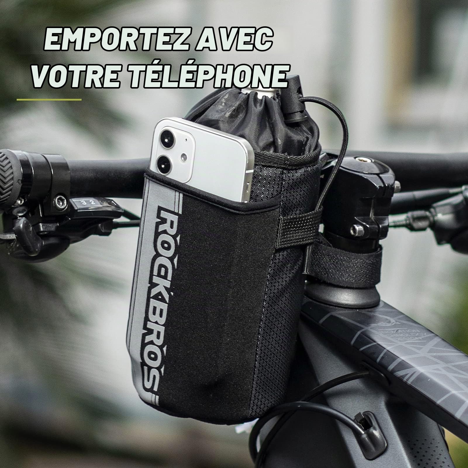 ROCKBROS Porte-bidon de Vélo, Sacoche de Guidon pour Gourde 1 Litre Sacoche de Vélo Isolée avec Porte-Bouteille d'eau et Poche pour Téléphone Portable Noir