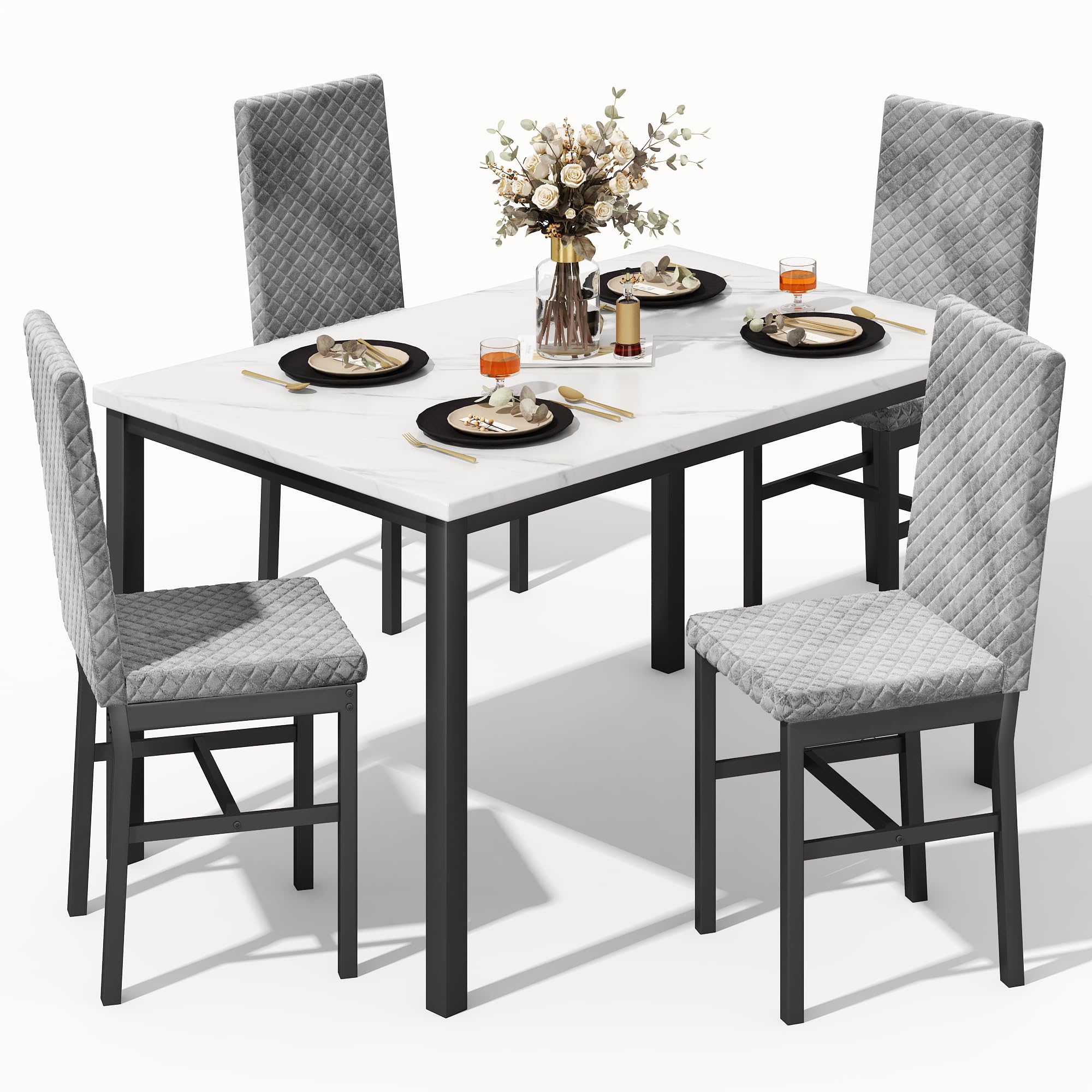 Recaceik Dining Table Set for 4, Modern 5 Piece Dining Table Set Faux Marble Kitchen Table & 4 Velvet Upholstered Chairs, Dining Room Set for Small