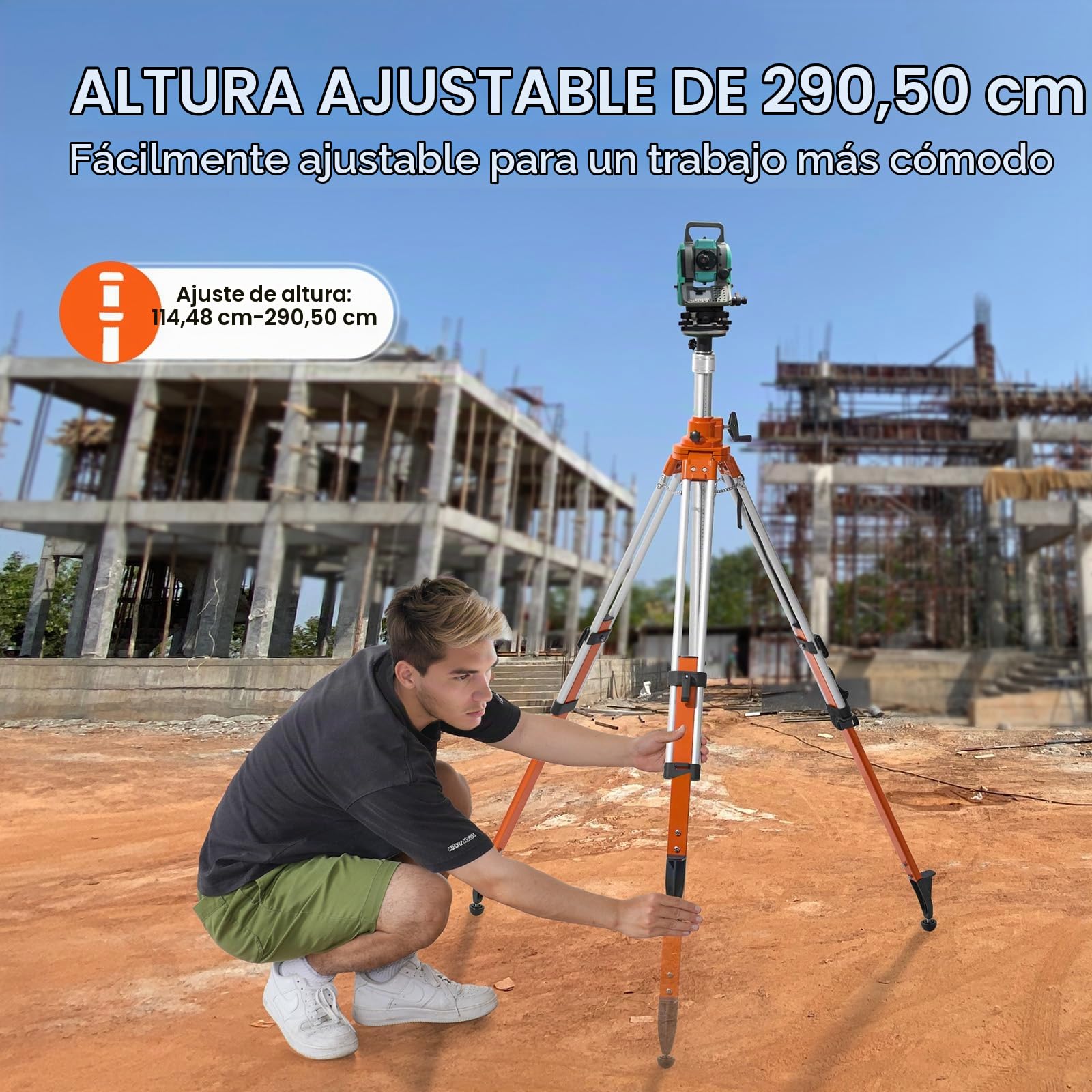 VEVOR Trípode para Nivel Láser Resistente, Ajuste de Altura de 1145-2905 mm, con Burbuja de Nivel y Limitador de Difusión, Pies Antideslizantes Elevables para Construcción, 200 x 145 x 1270 mm