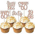 30PCS 60th Birthday Cupcake Toppers Glitter Sixty Happy 60 Straight Outta 1966 Cupcake Picks for Cheers to 60 Years 60th Birthday Wedding Anniversary Party Decoration Supplies Rose Gold