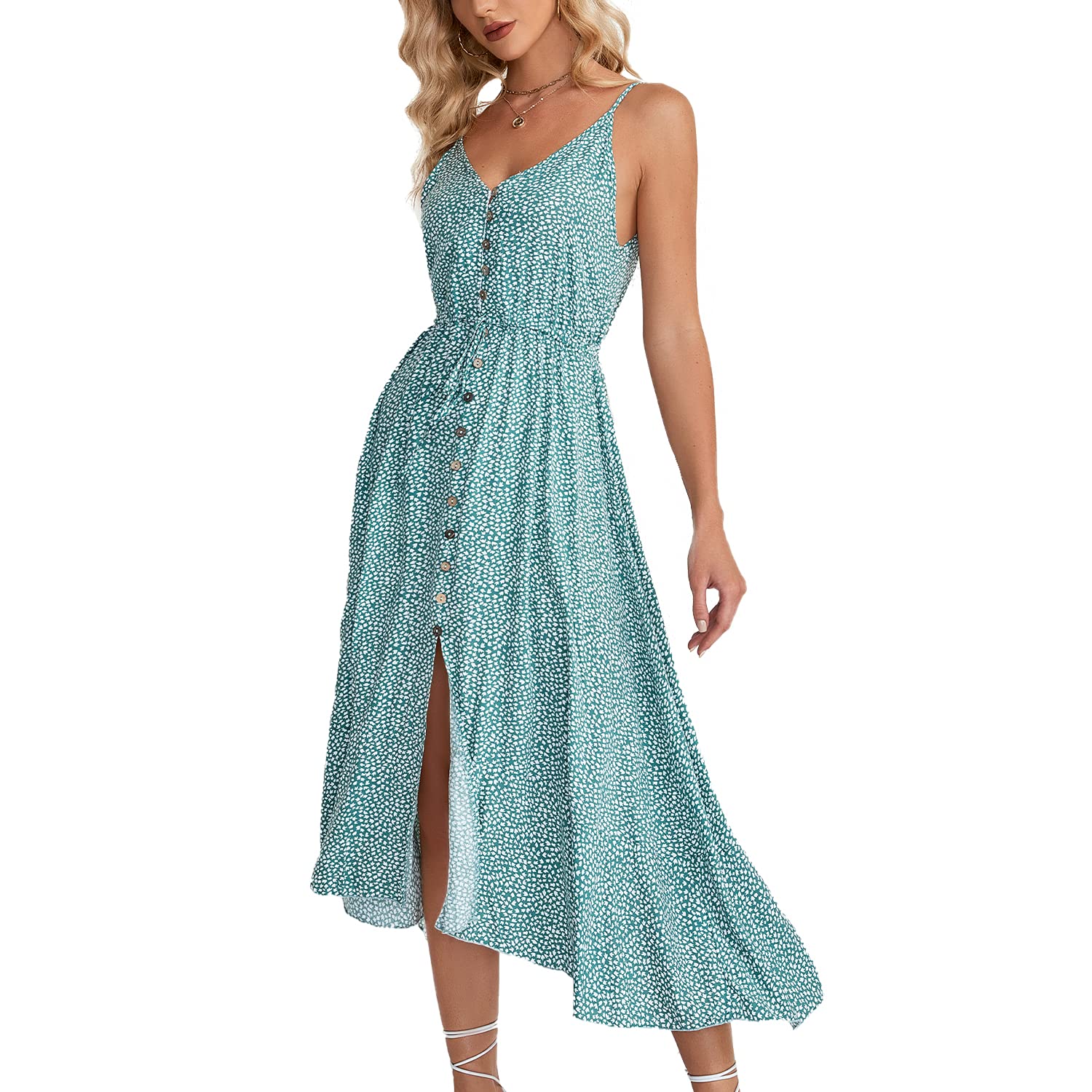 BROVAVE Women's 2024 Summer Casual Boho Clothes Sundress Polka Dot Spaghetti Strap V Neck Flowy Midi Dresses, 008 Light Green, M