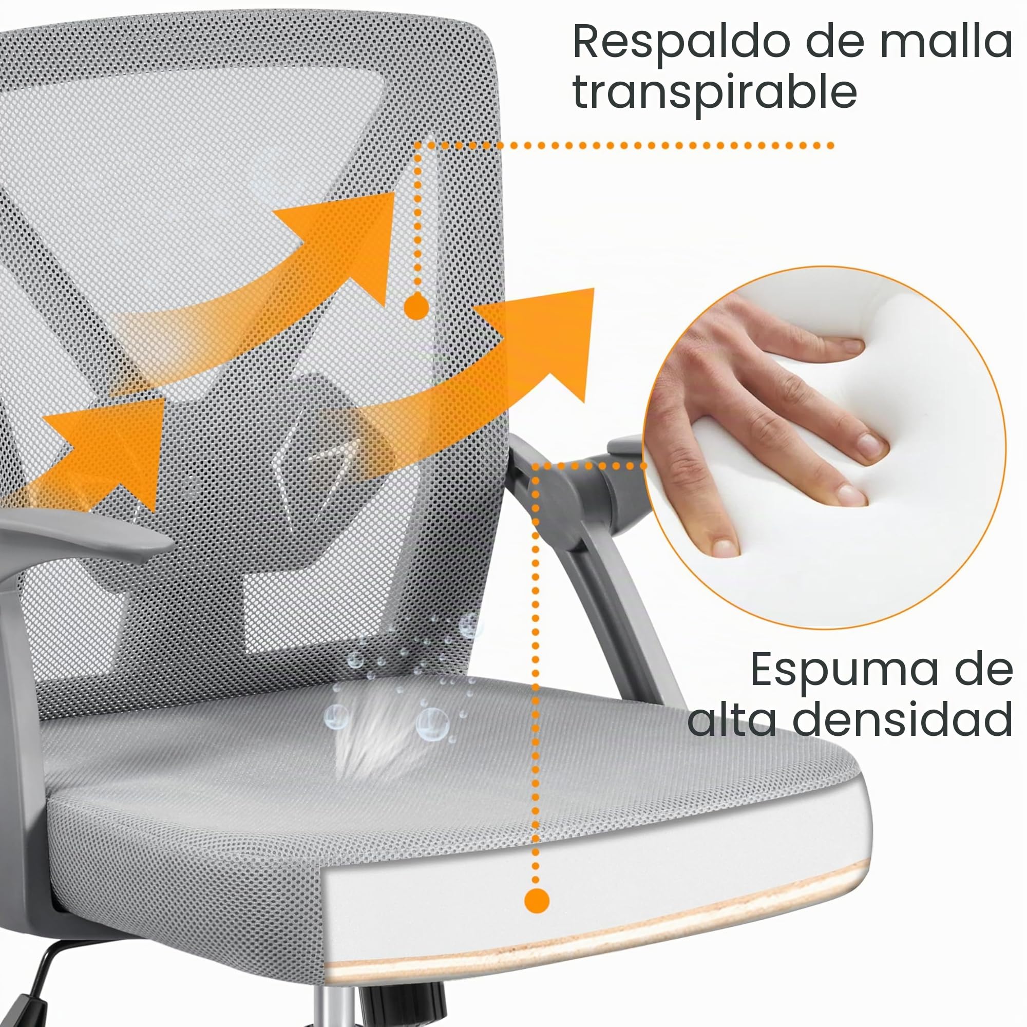 Yaheetech Silla de Oficina con Soporte Lumbar Reposabrazo Ajustable Gris | Reposabrazo Regulable, Altura Ajustable, Silla Malla Transpirable, Ahorro de Espacio, Ideal para Espacio Limitado