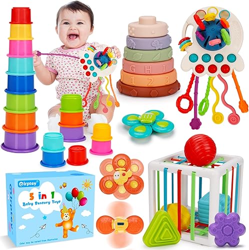 Miniatura 1 de Juguetes Montessori 5 en 1 para bebé, juguete sensorial para la dentición, juguete de dentición de 0-6 a 12 meses con ventosa giratoria, juguete de